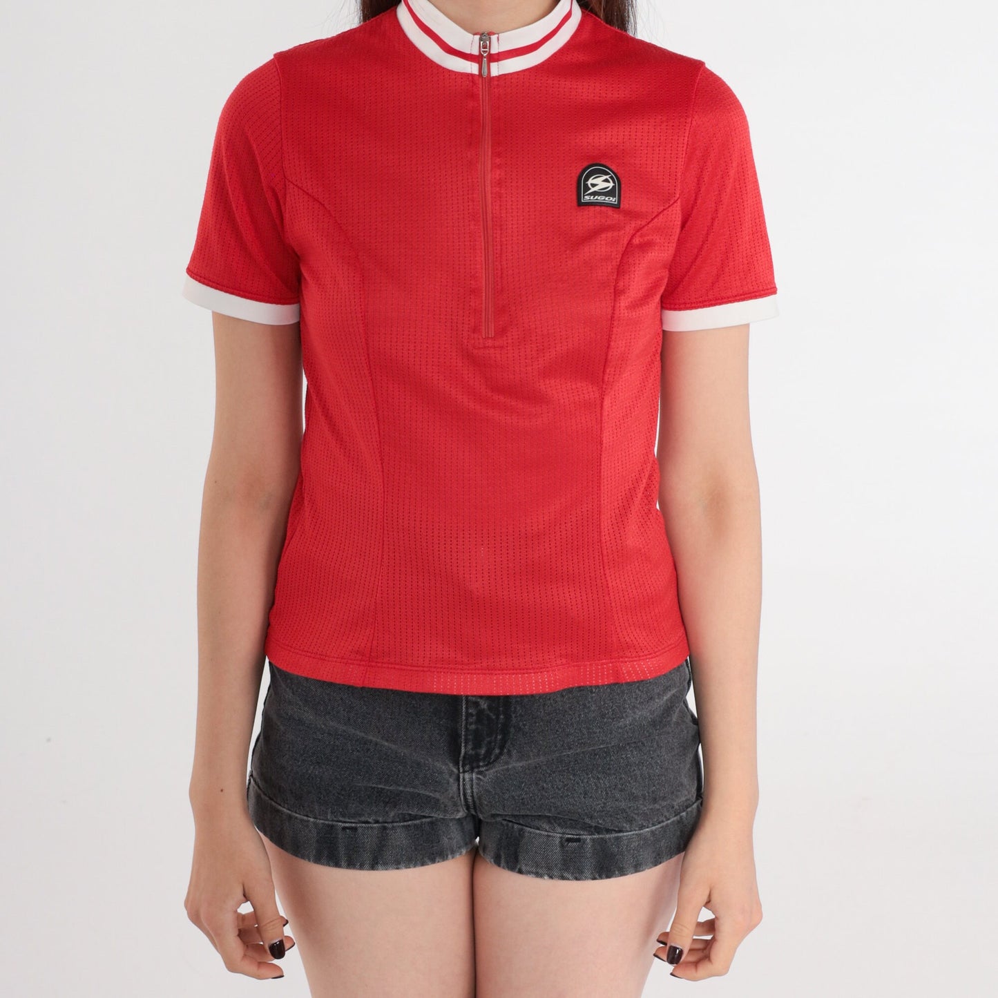 90s Sugoi Cycling Jersey Red Mesh Mock Neck Zip Pullover Small
