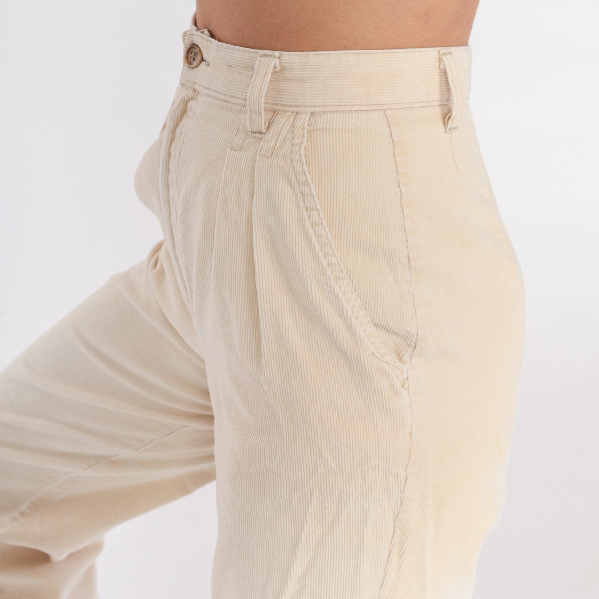 80s Present Co. Pleated Corduroy High-Waist Trousers Cream Straight Leg Extra Small