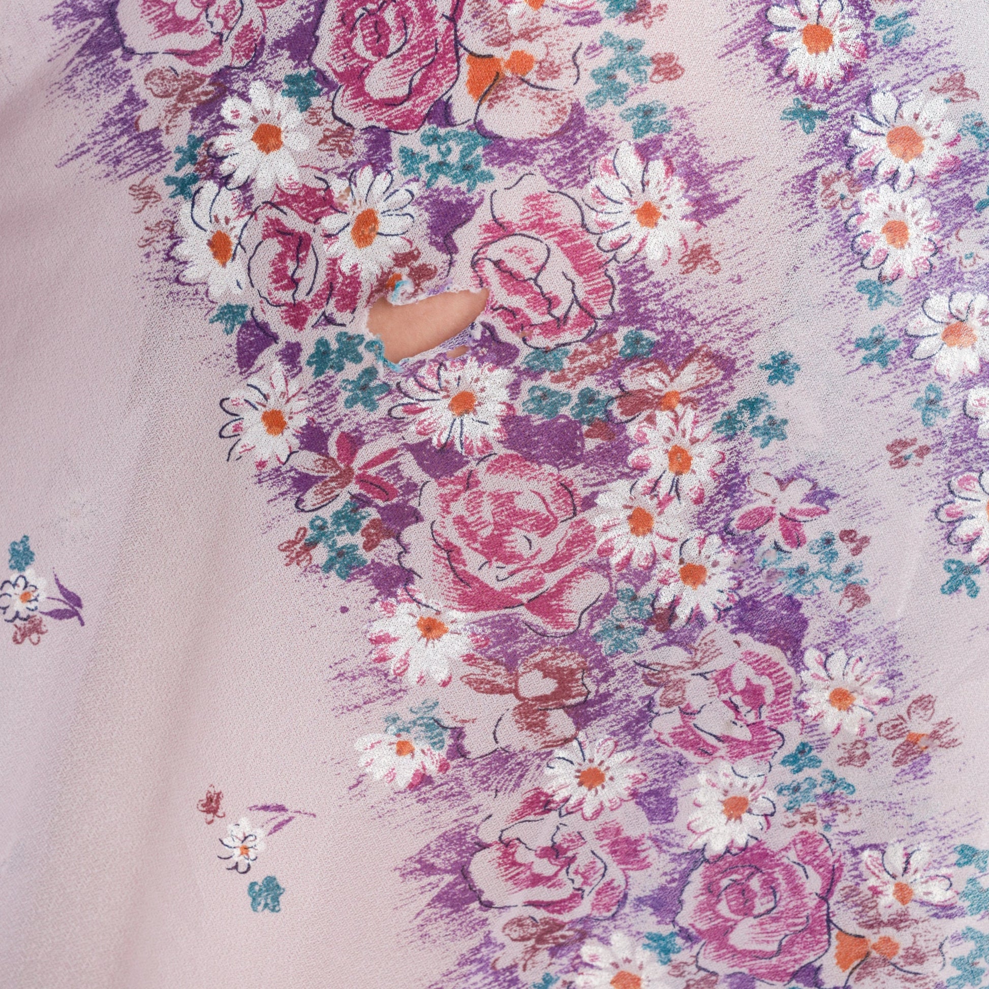 70s Lavender Floral Midi Dress High Waisted Sheer Purple Small Medium