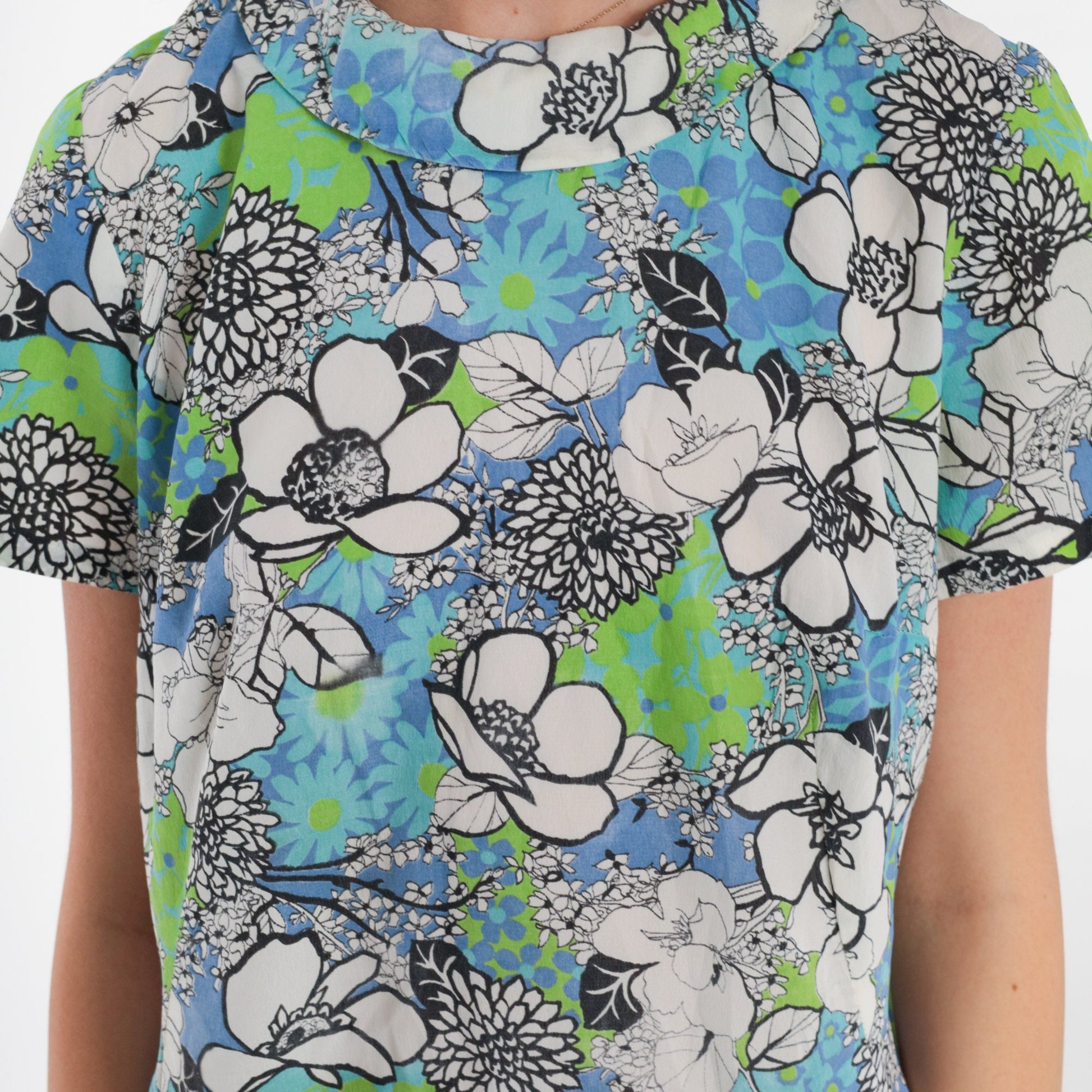 60s Floral Print Shift Dress Mini Blue Green Mod Round Collar Medium