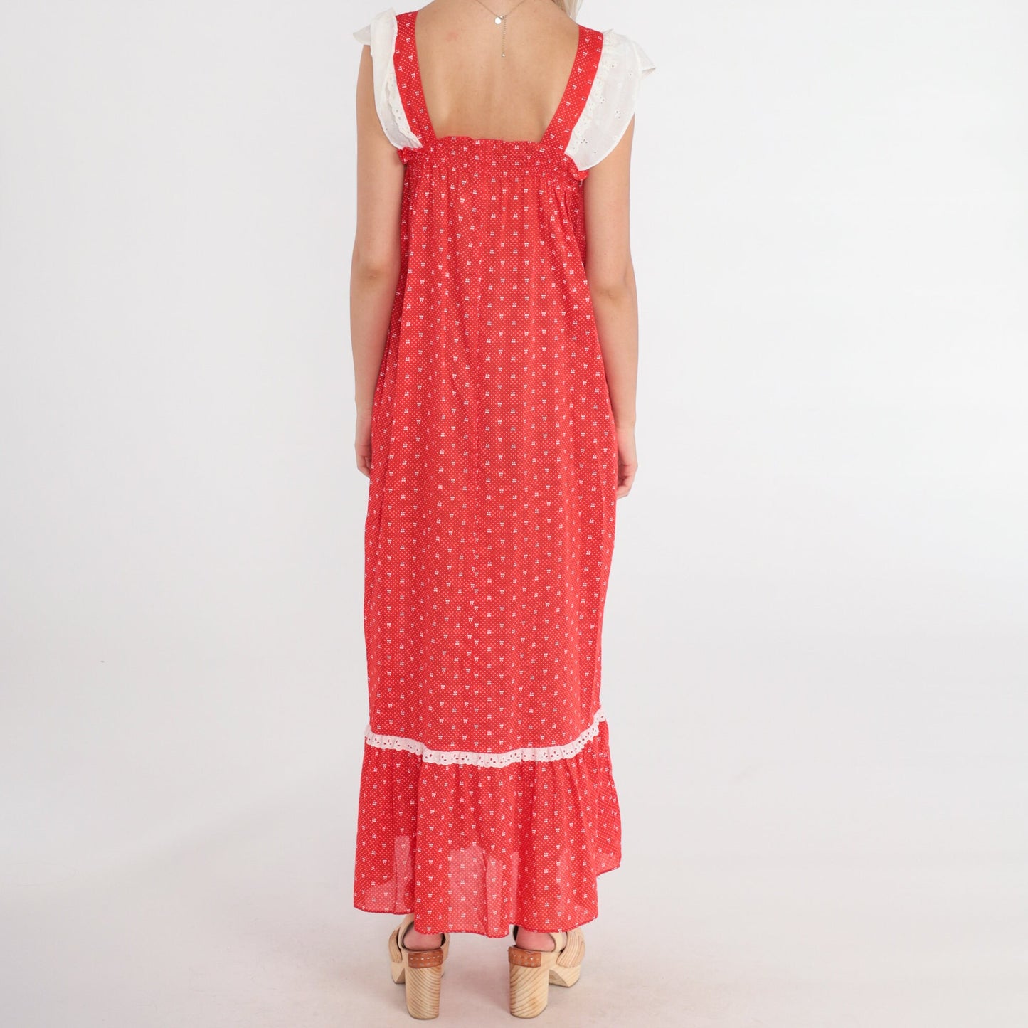 70s Red Maxi Dress Polka Dot Bow Print Eyelet Lace Cap Sleeve Extra Small