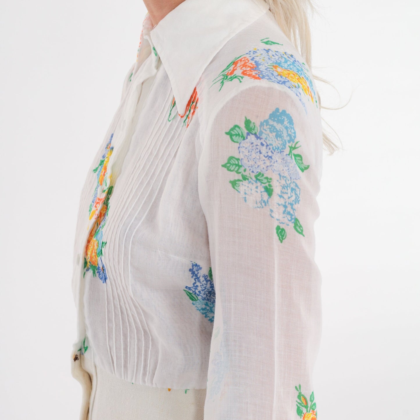 70s White Floral Mini Dress Dagger Collar High Waisted Button Up Long Sleeve Extra Small