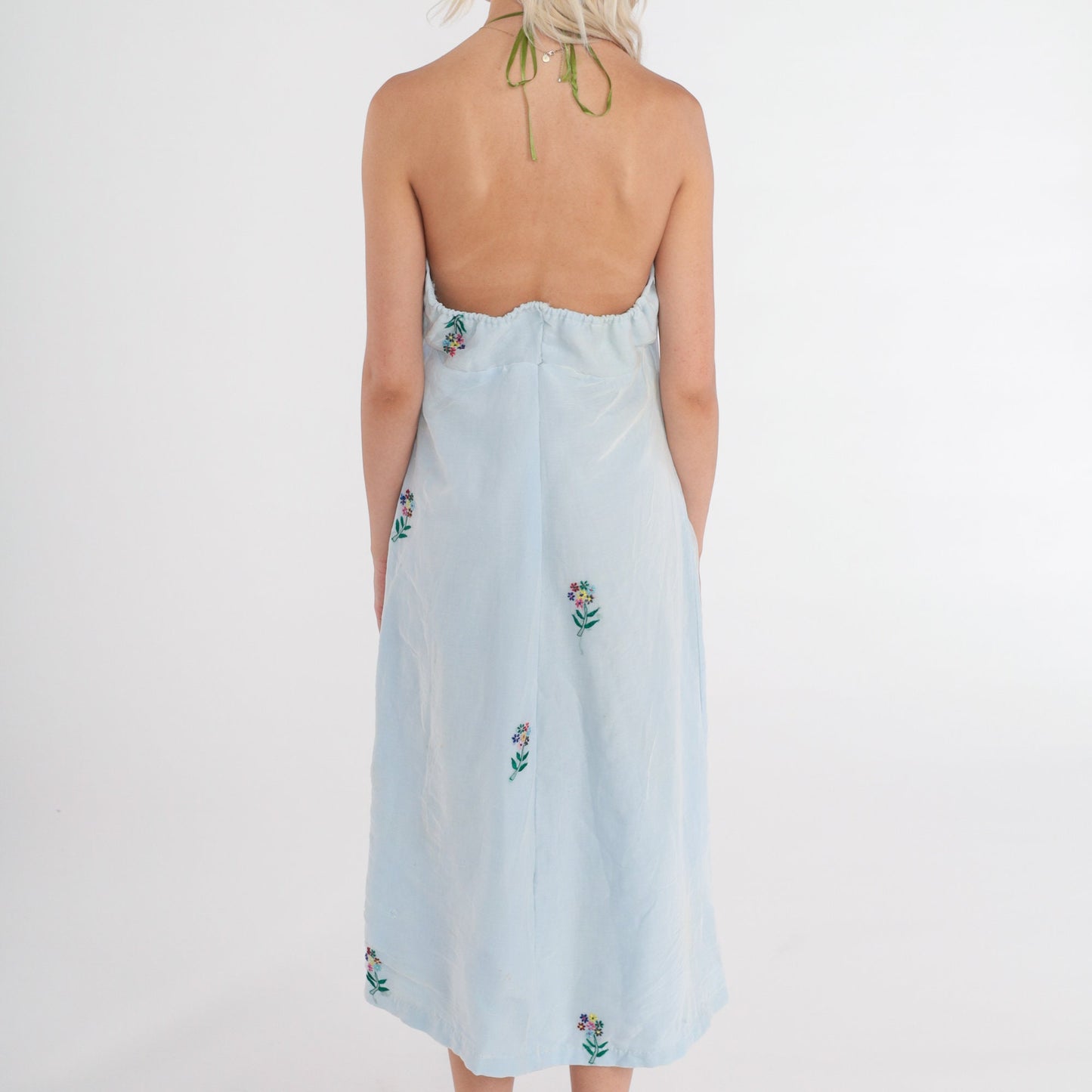 70s Blue Floral Peacock Embroidered Halter Midi Dress Open Back Empire Waist Small