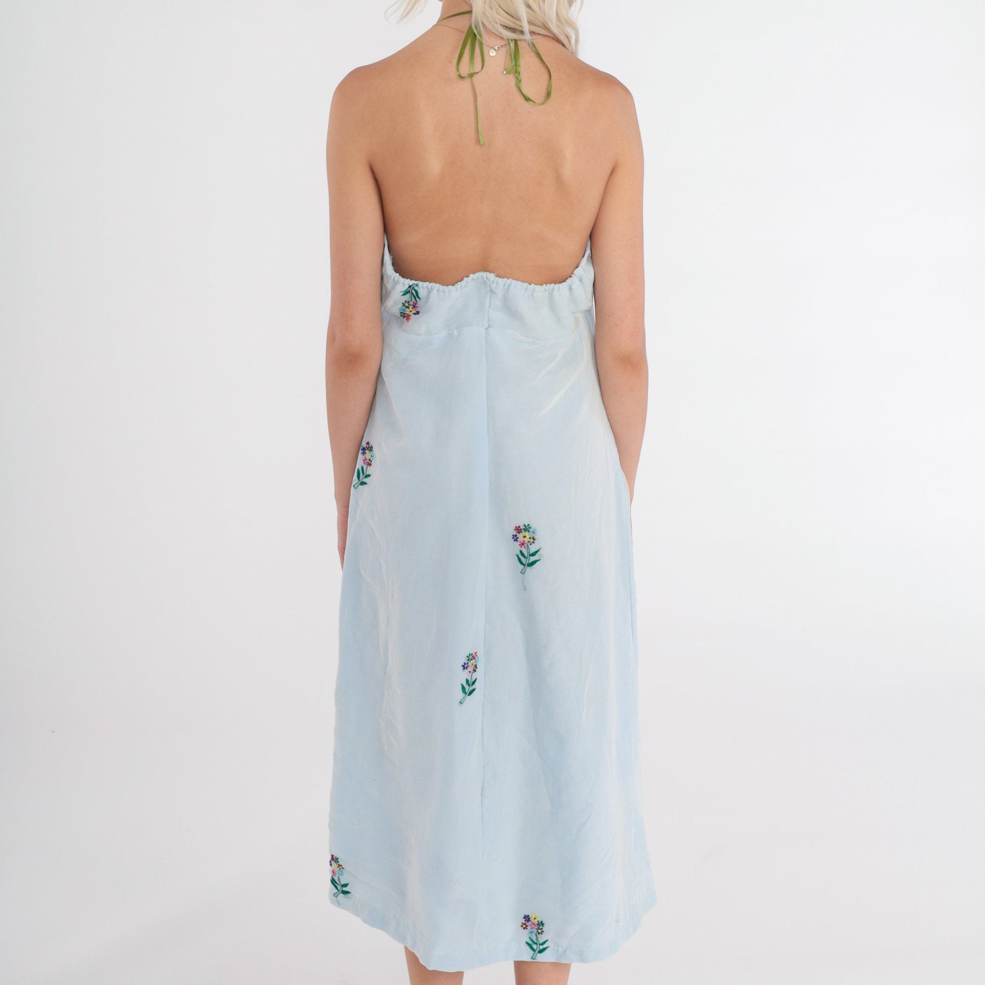 70s Blue Floral Peacock Embroidered Halter Midi Dress Open Back Empire Waist Small