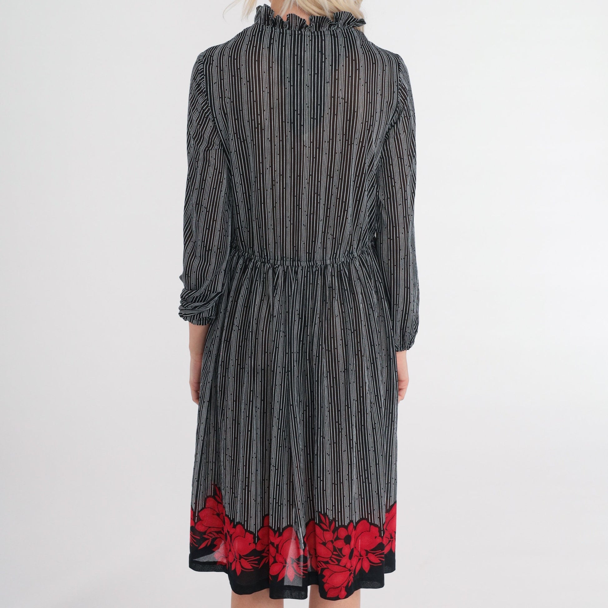 70s Striped Floral Midi Dress Black White Red Flower Print Long Sleeve Small