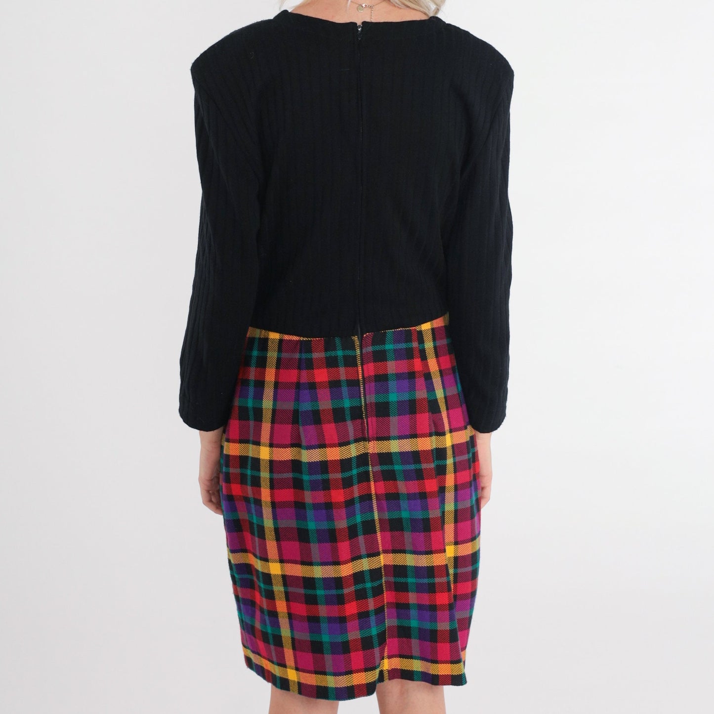 70s Black Plaid Wool Blend Midi Dress Long Sleeve High Waist Medium