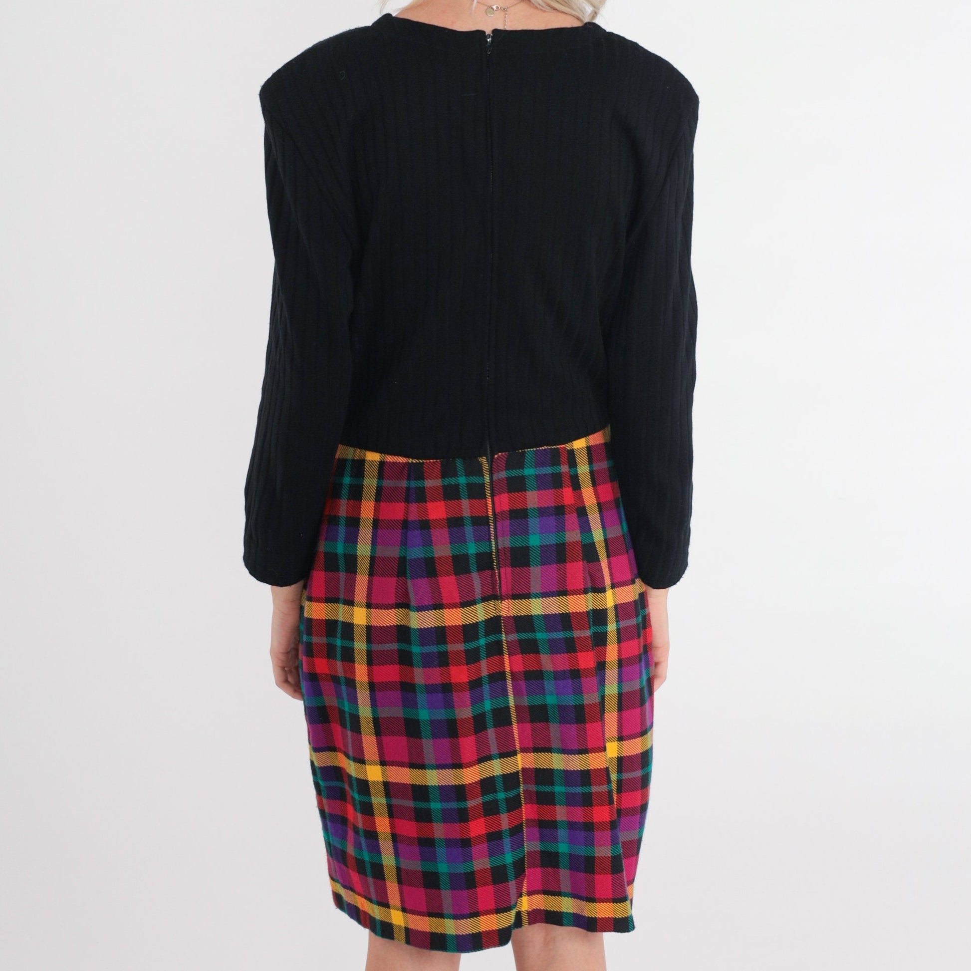 70s Black Plaid Wool Blend Midi Dress Long Sleeve High Waist Medium