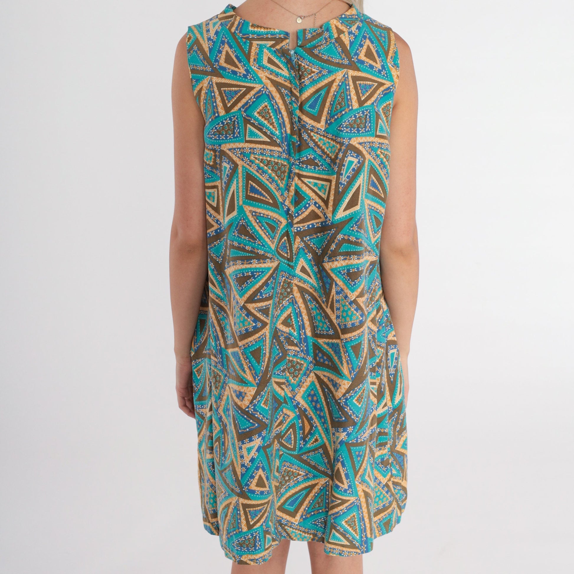 60s Mod Mini Shift Dress Abstract Floral Print Sleeveless Blue Medium M