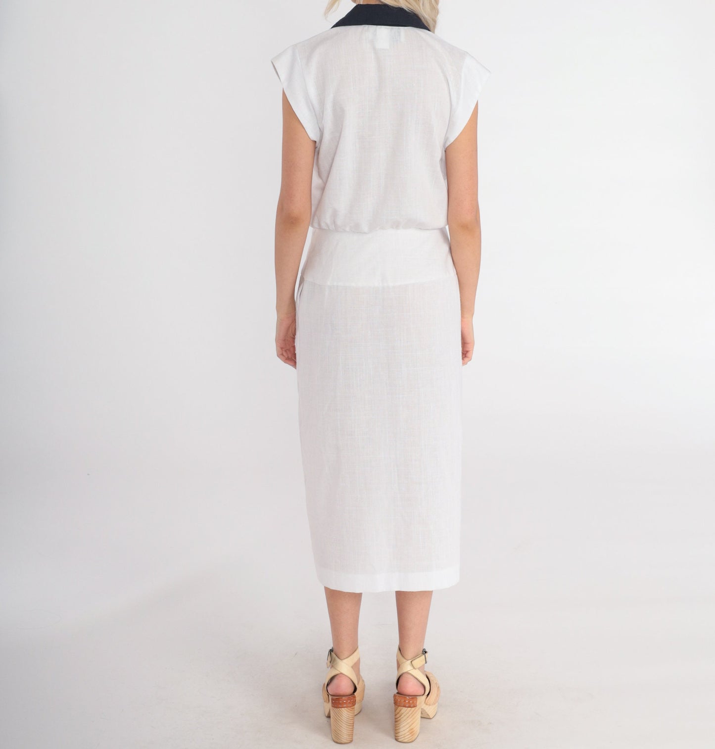 80s White Midi Wrap Dress Black Collar Cap Sleeve Button-Up Small