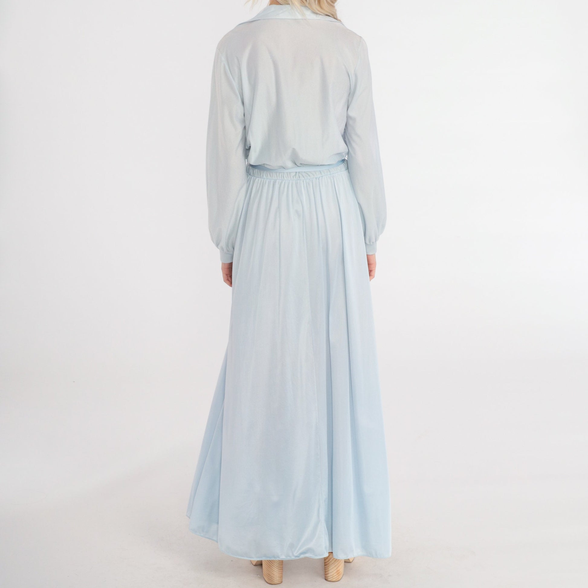 70s Light Blue Maxi Dress Collared V-Neck Long Sleeve High Waisted Medium Large