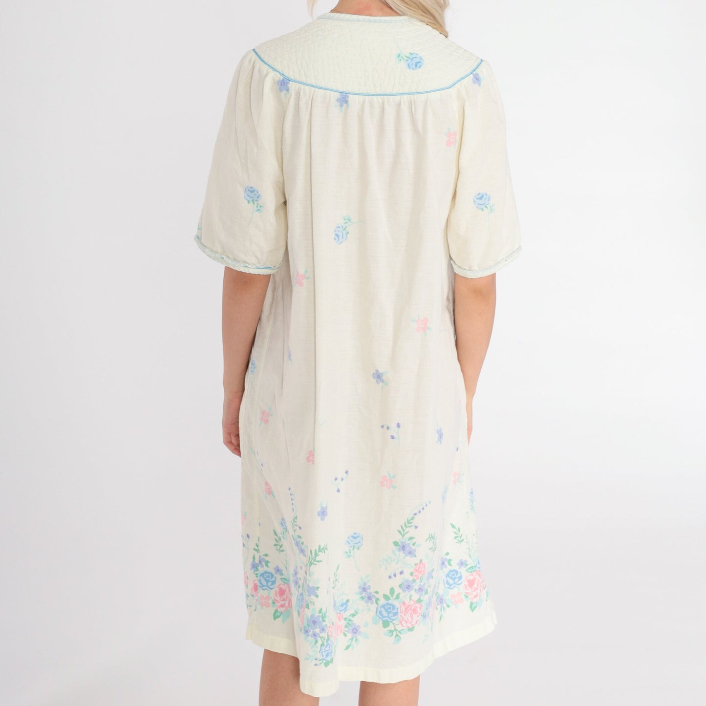 80s Pale Yellow Floral Nightgown Midi Snap-Front Pajama Dress Pockets Large L