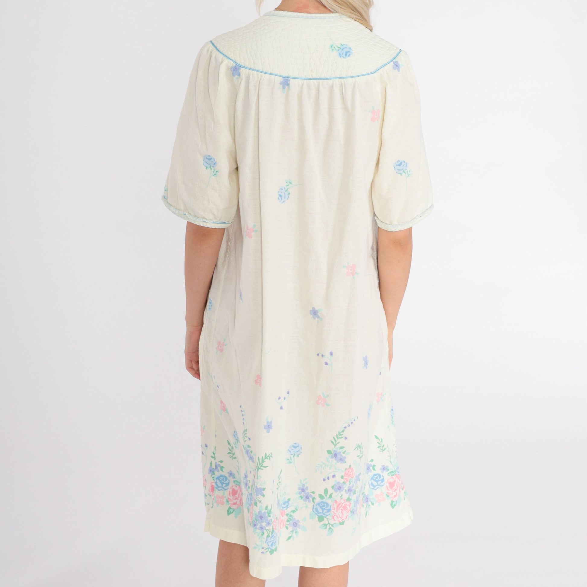 80s Pale Yellow Floral Nightgown Midi Snap-Front Pajama Dress Pockets Large L
