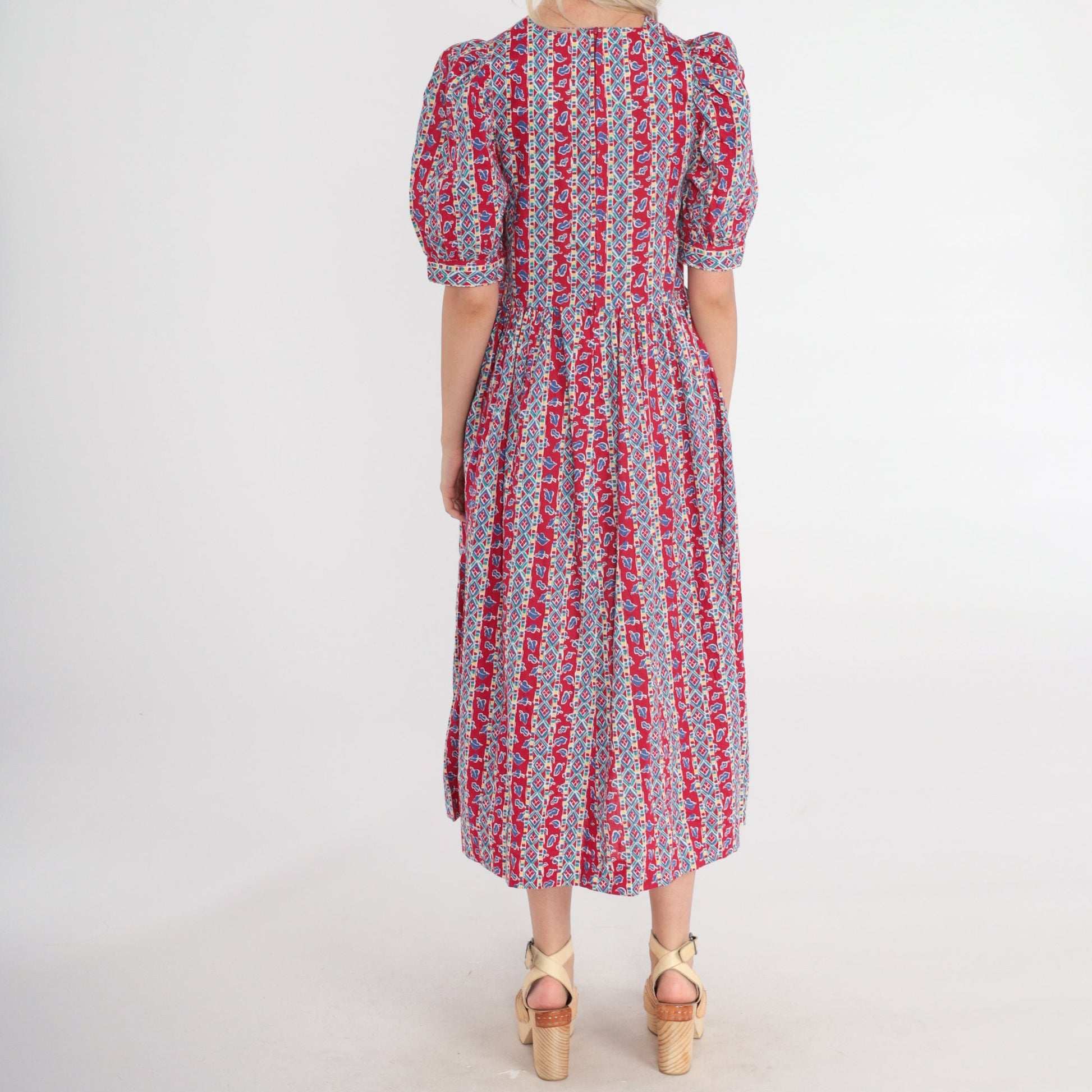90s Laura Ashley Red Striped Leaf Print Midi Dress Puff Sleeve Medium