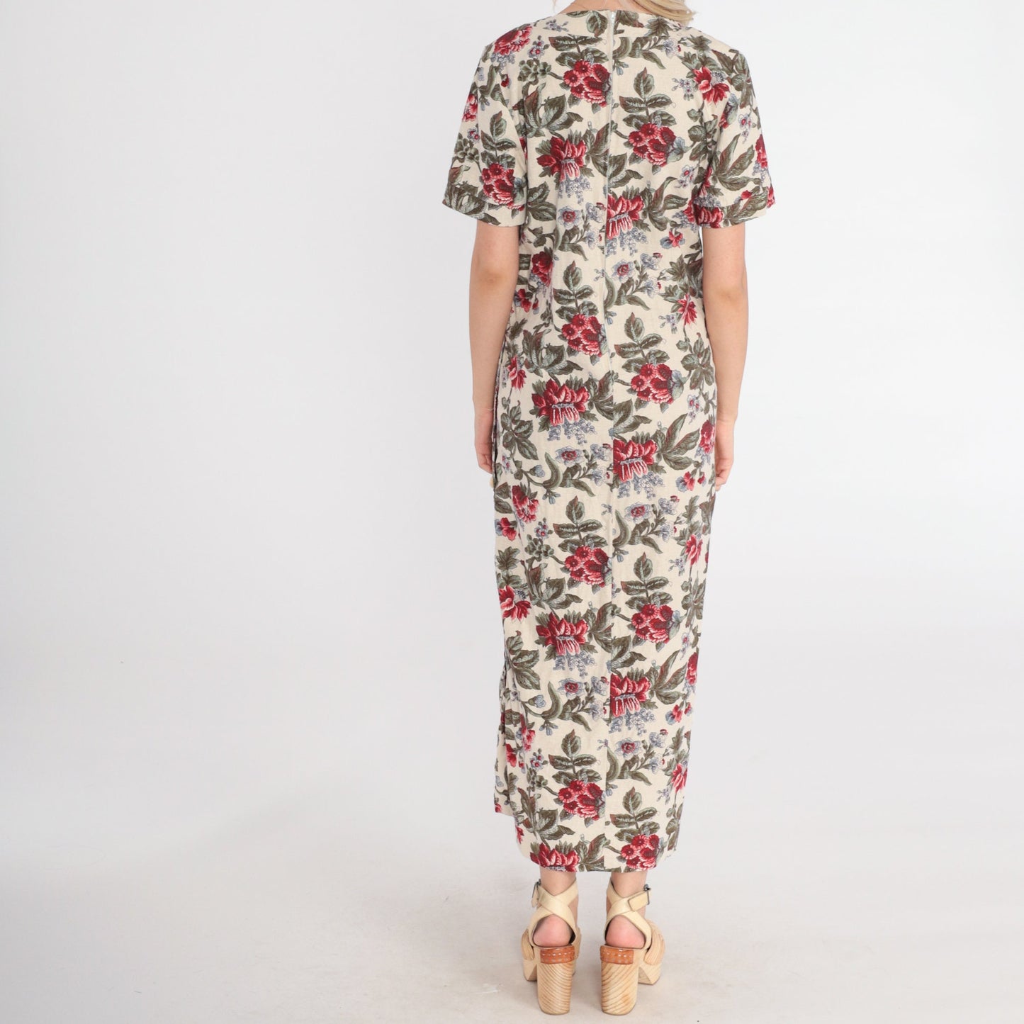 90s Cream Floral Maxi Dress Short Sleeve Ankle Length Small S