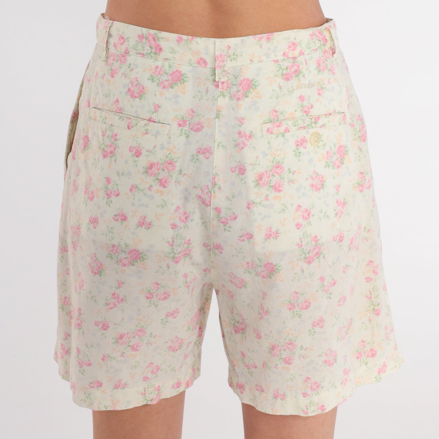 Ralph Lauren Floral Shorts Pale Yellow Pink Pleated High Waist Small S