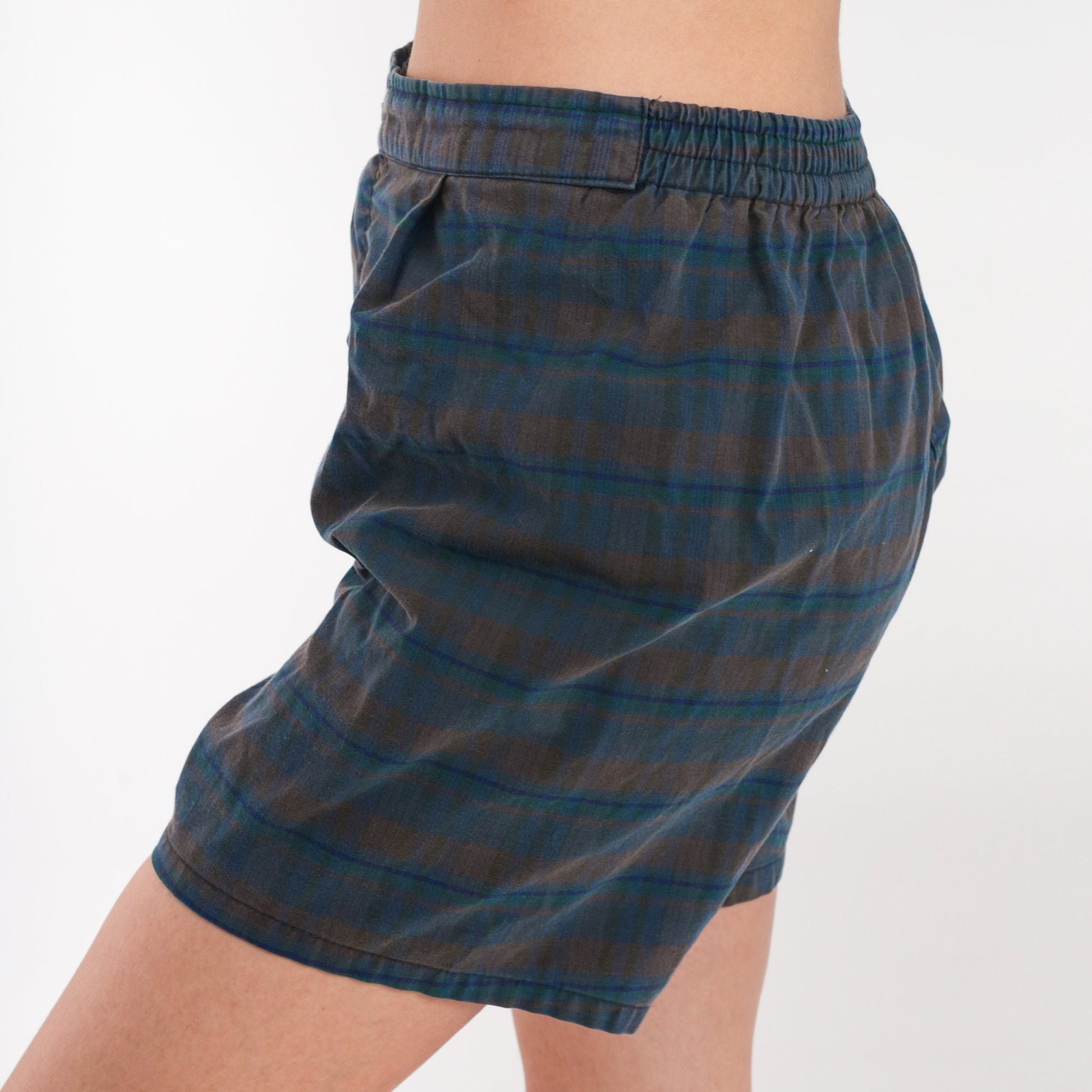 70s Plaid Swim Shorts Dark Blue Brown Checkered Elastic Waist Small