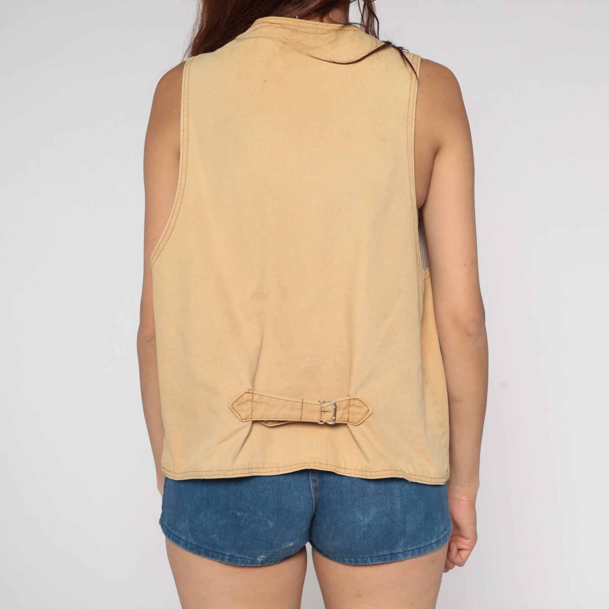 80s Tan Button-Up Vest Western Workwear Sleeveless Small