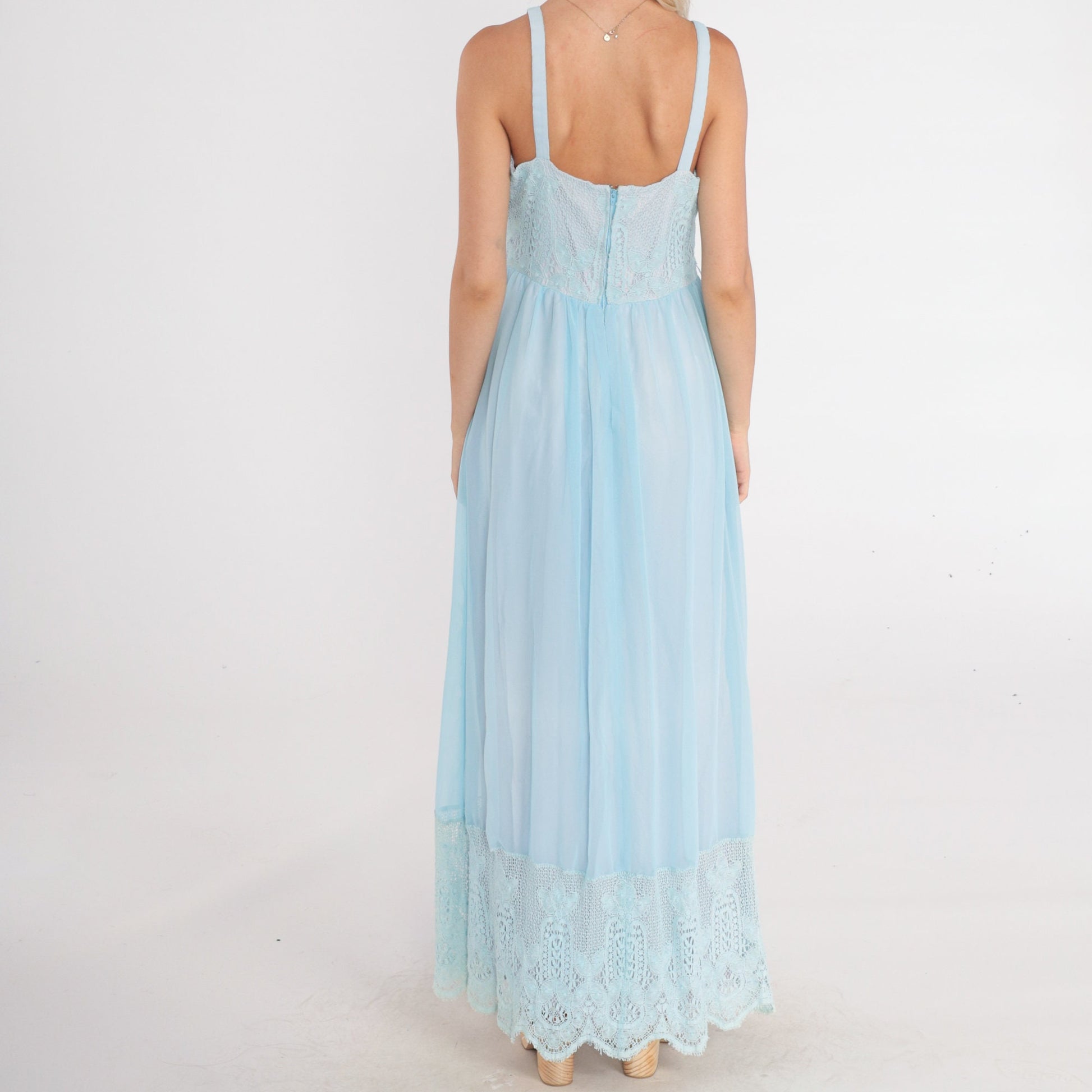 70s Baby Blue Lace Maxi Dress High Waist Tank Strap Sundress Small