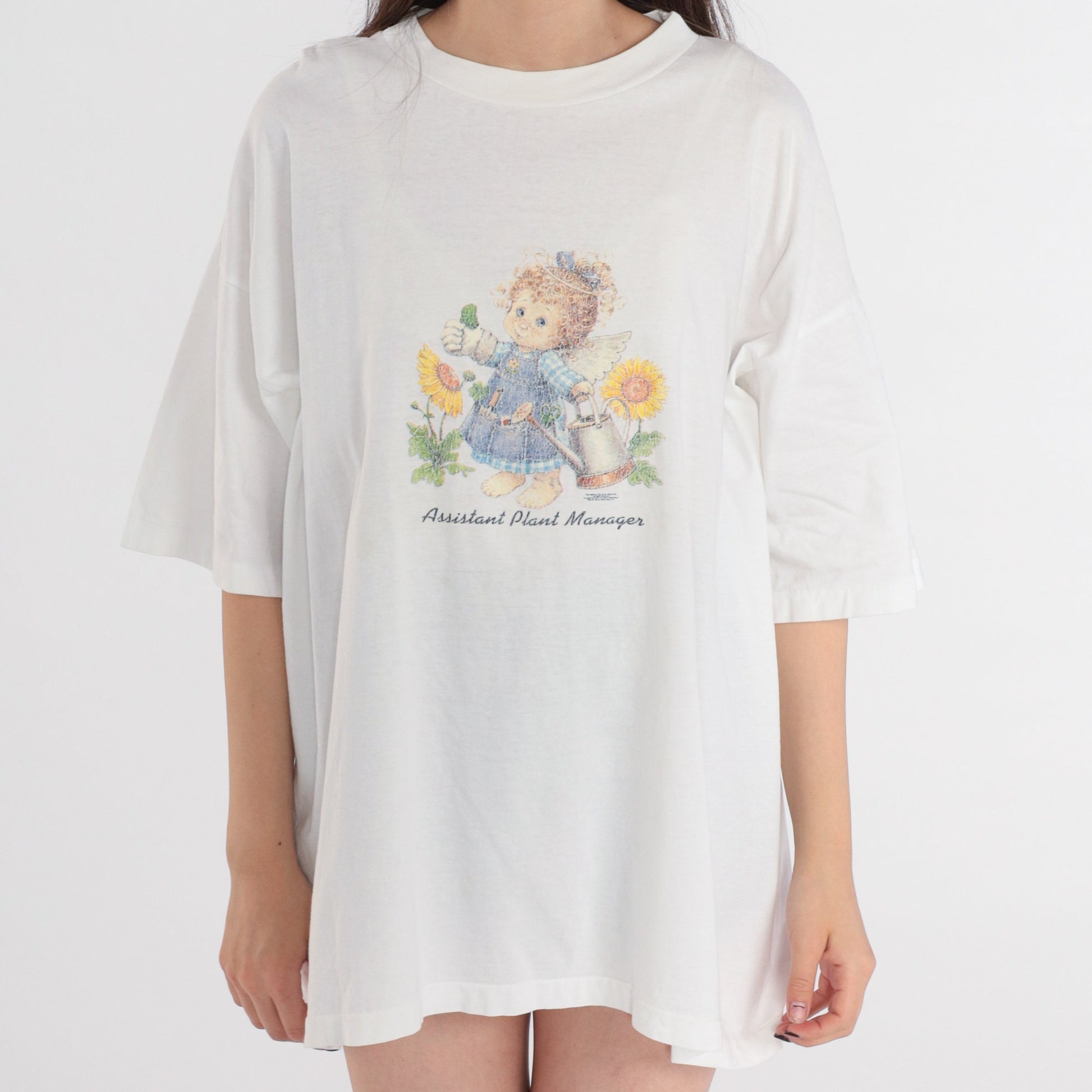 Y2K Assistant Plant Manager Gardening Angel Graphic Tee White Cotton Extra Large XXL