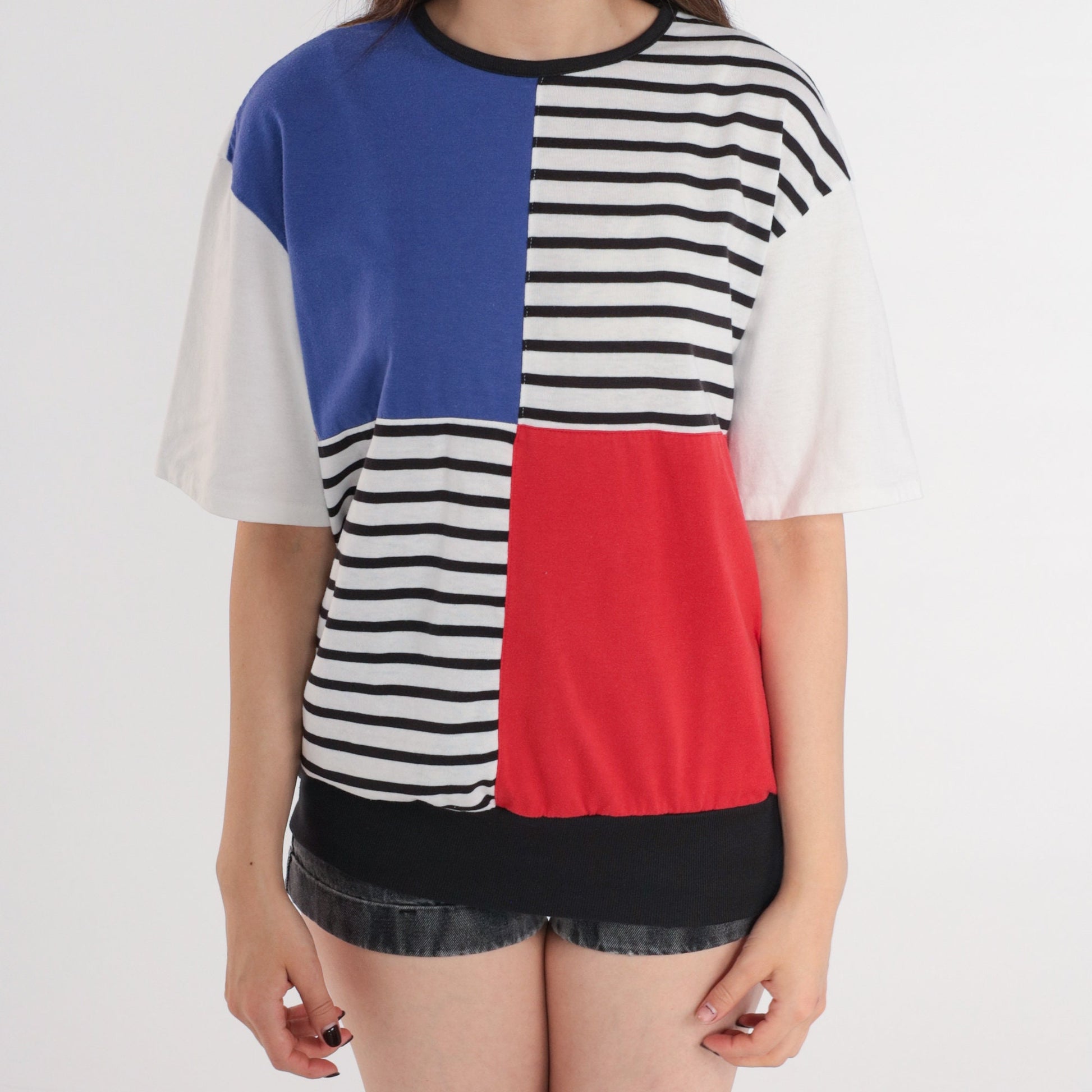 90s Striped Colour Block T-Shirt White Black Red Blue Short Sleeve Medium M