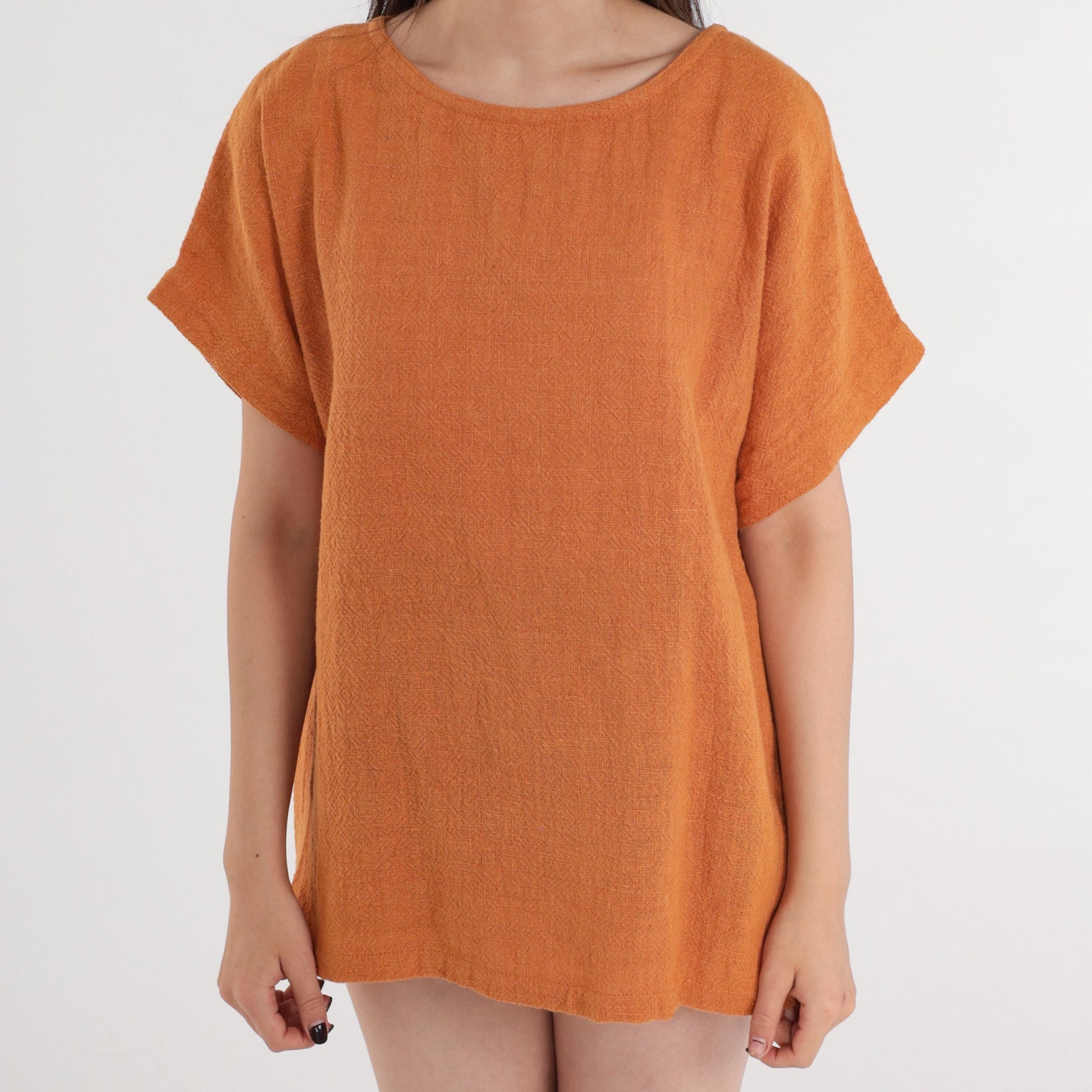 80s Burnt Orange Cotton Woven Blouse Short Sleeve Large L