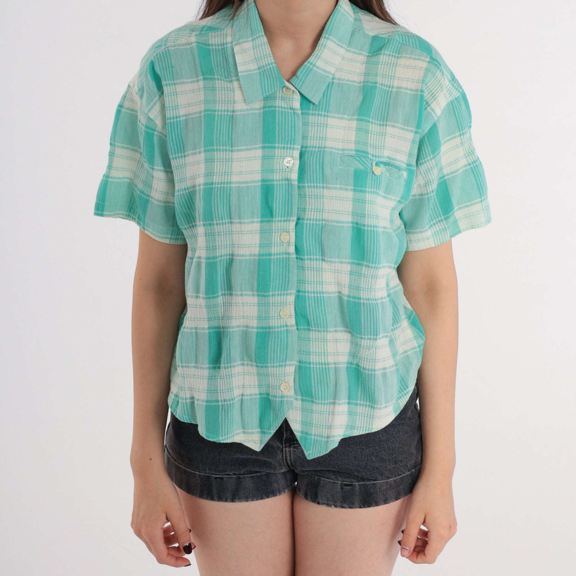 90s Plaid Button Up Blouse White Mint Green Checkered Short Sleeve Medium