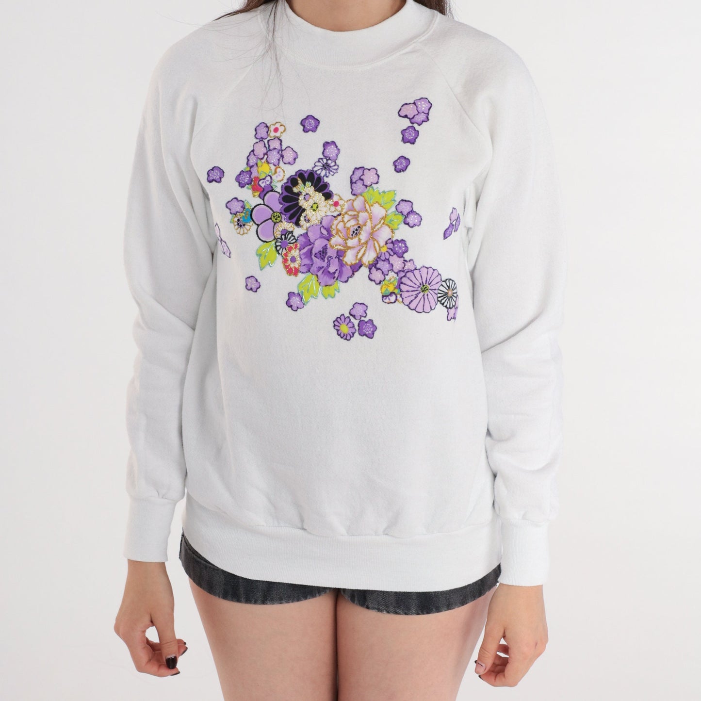 90s Oneita White Raglan Sweatshirt Purple Floral Glitter Graphic Medium