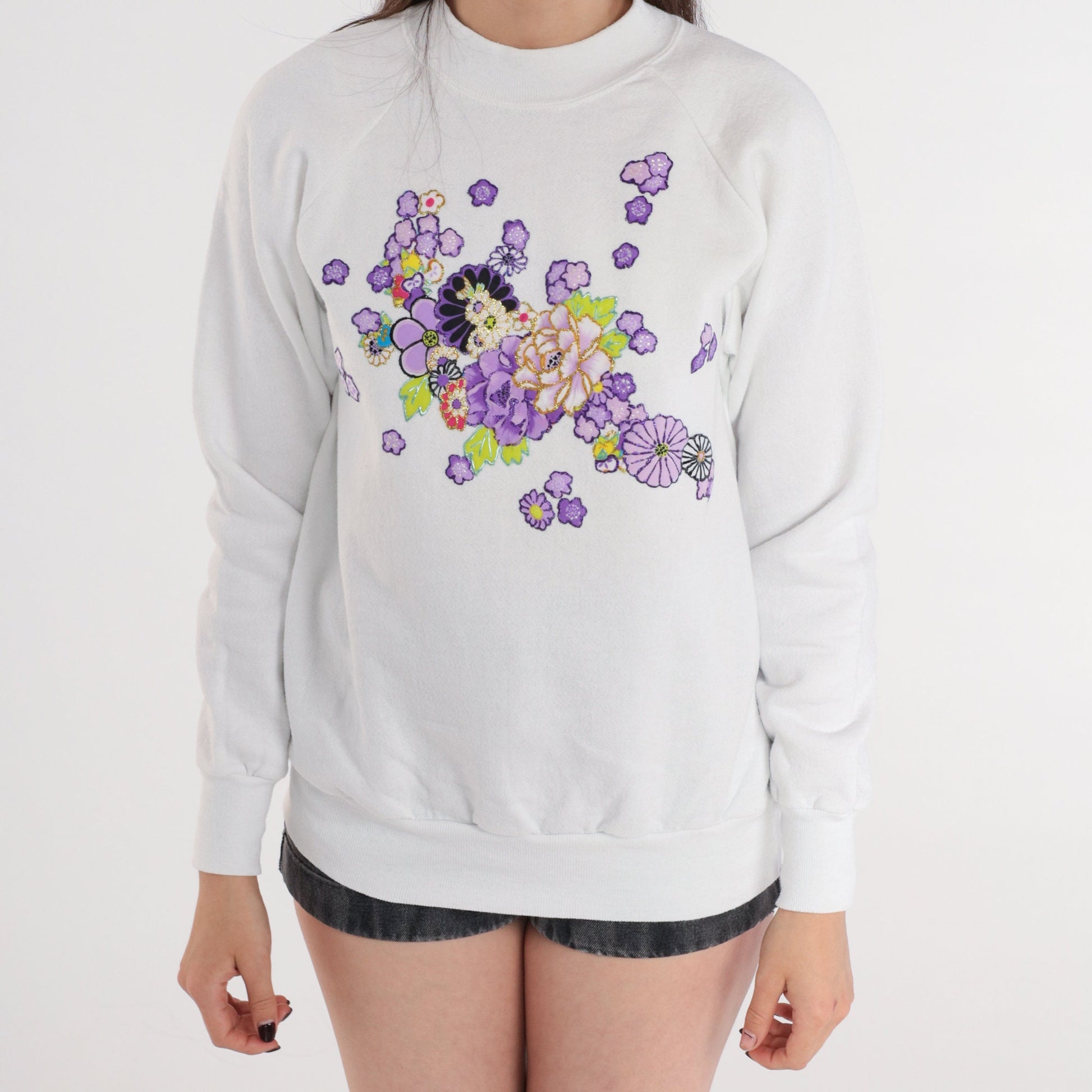 90s Oneita White Raglan Sweatshirt Purple Floral Glitter Graphic Medium