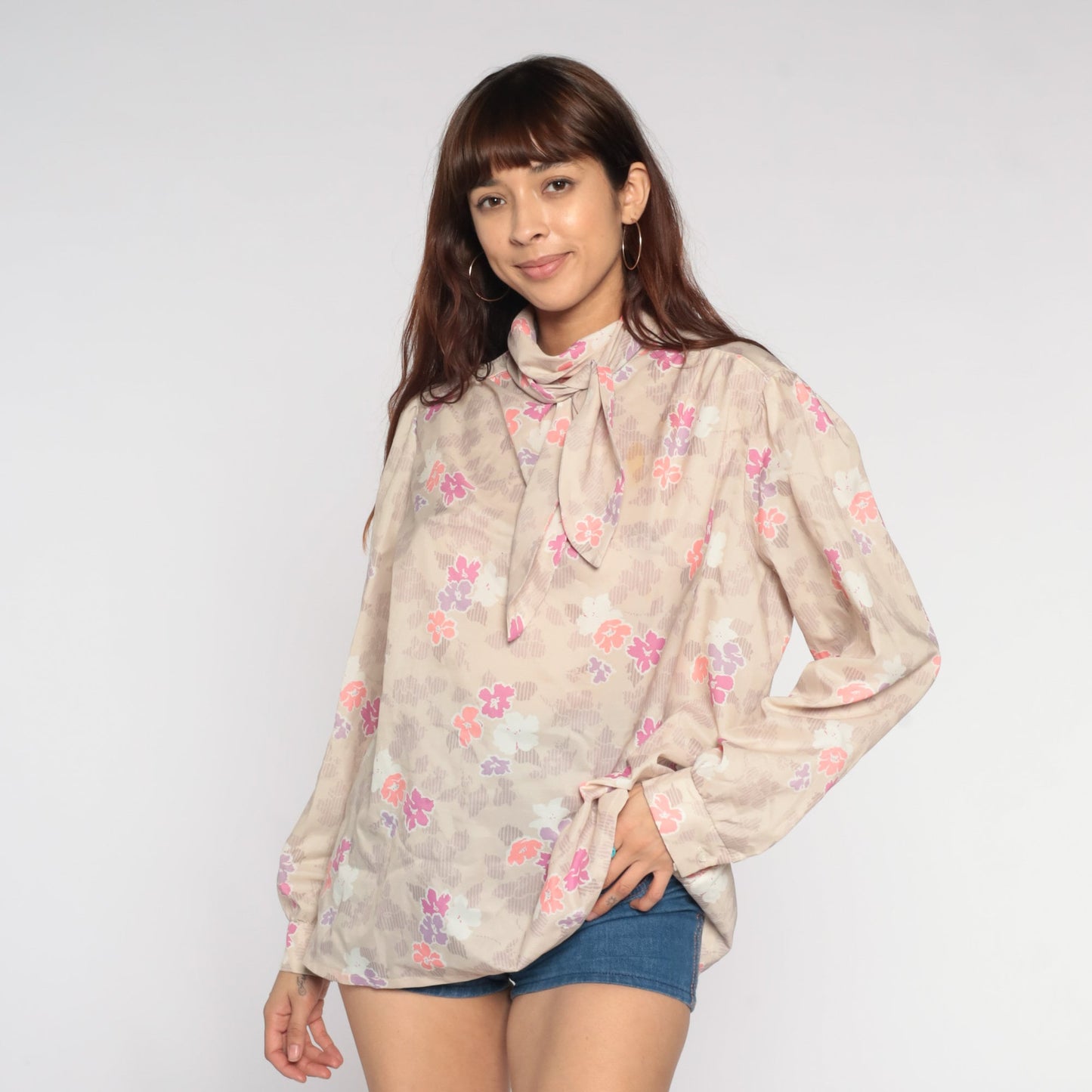 70s Floral Ascot Blouse Beige Neck Tie Long Sleeve Shirt Extra Large XXL