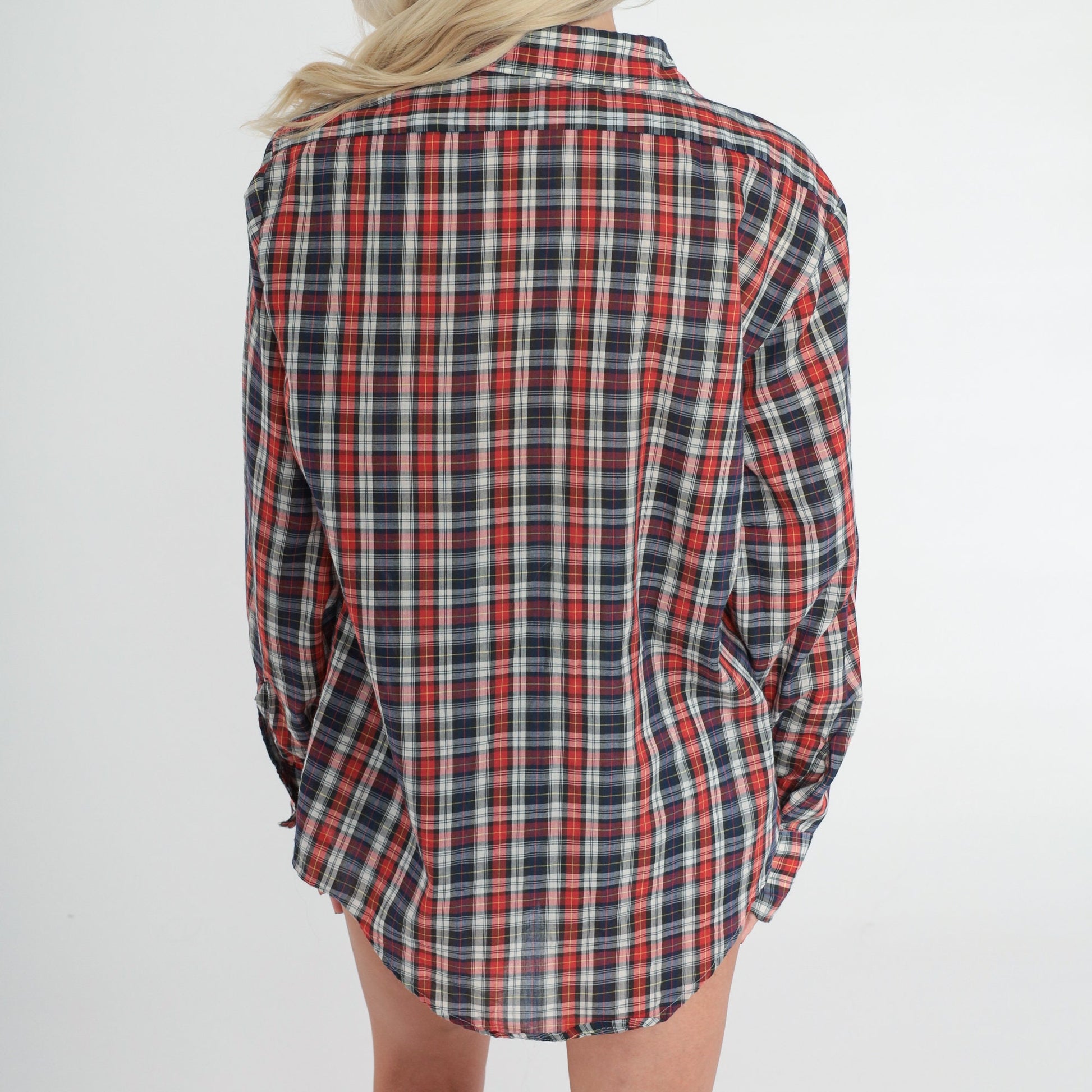 80s Montgomery Ward Plaid Button Up Shirt Red White Blue Checkered Medium