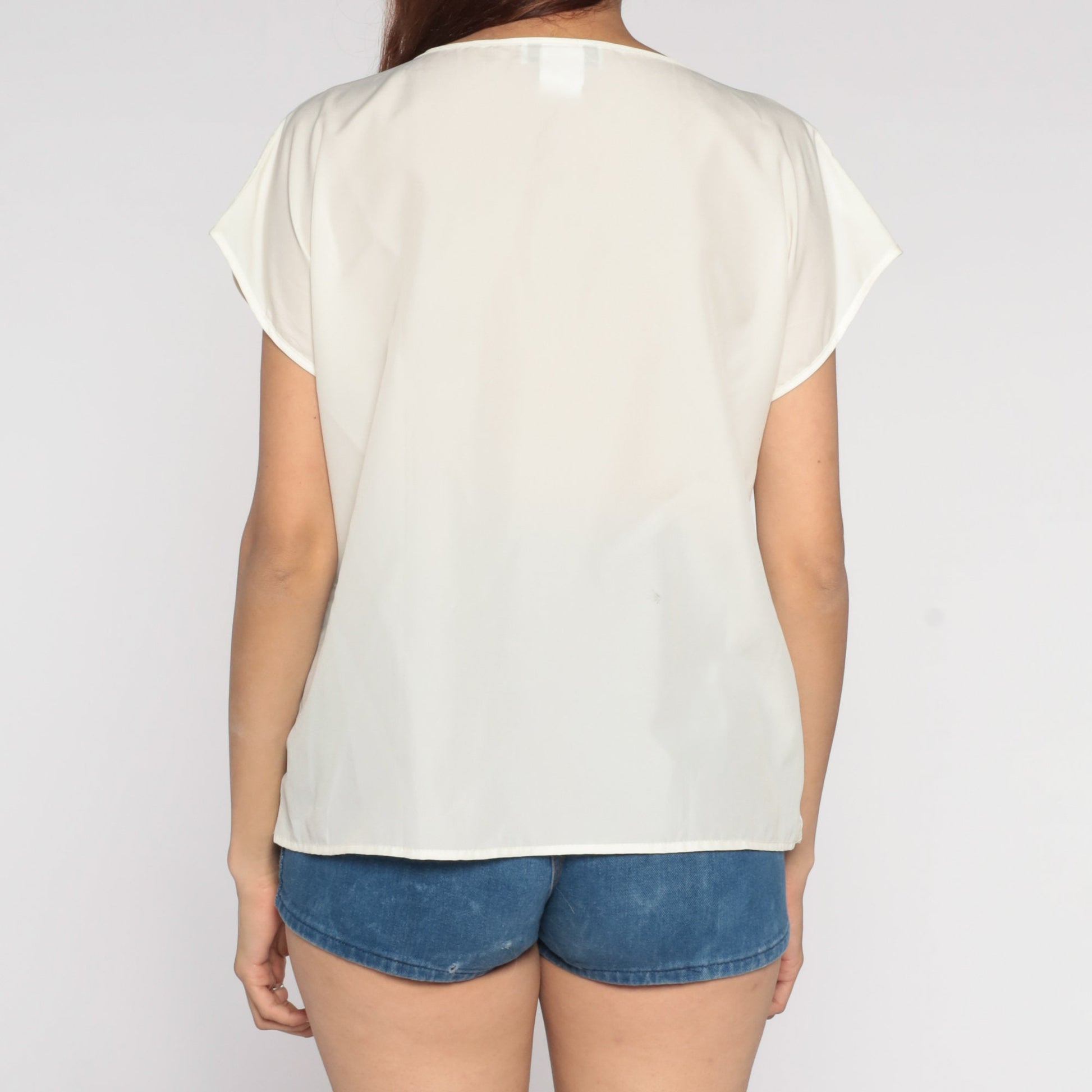 70s White Lace Blouse Cap Sleeve Scoop Neck Layered Front Large