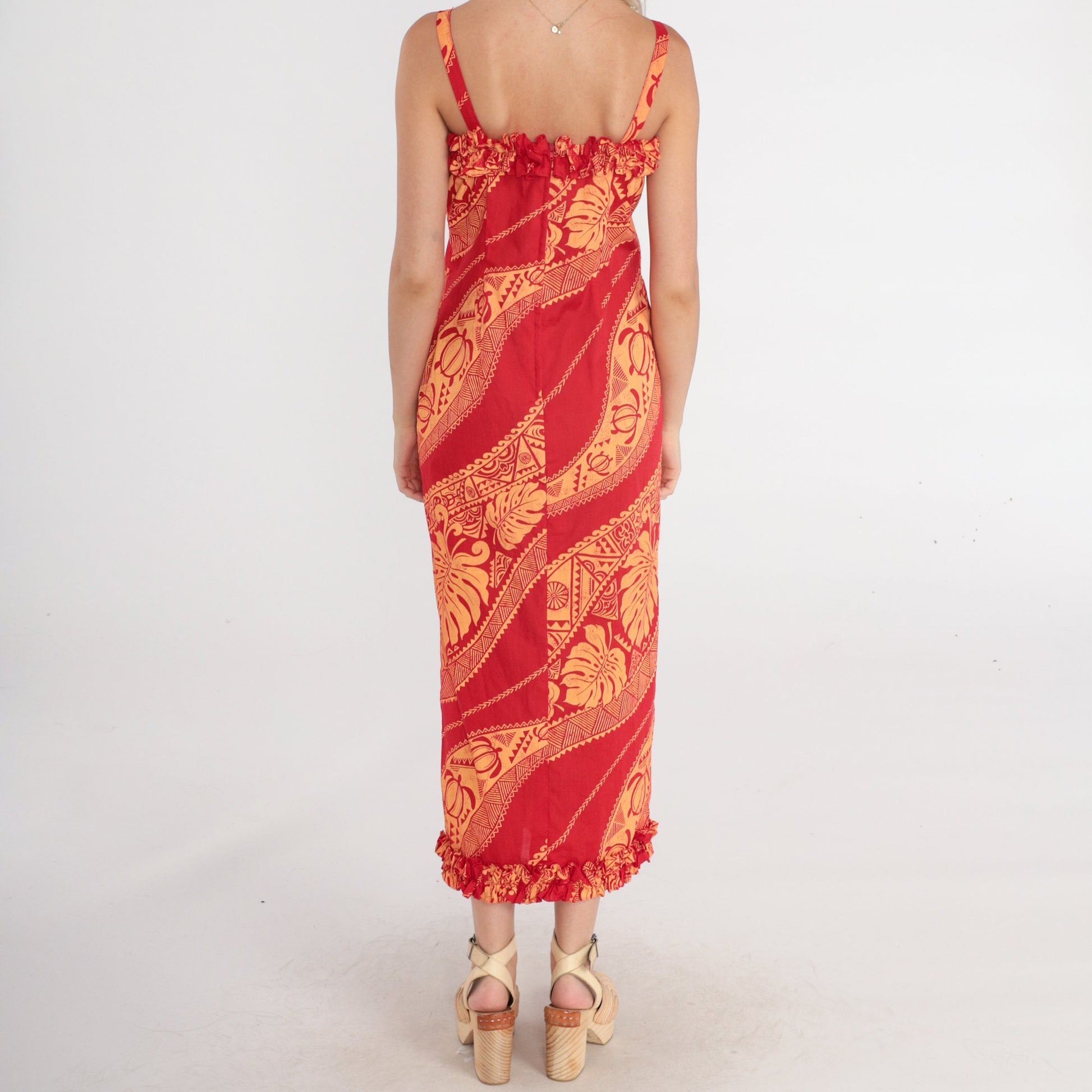 90s Hawaiian Sun Dress Maxi Sea Turtle Print Red Tropical Sundress XS