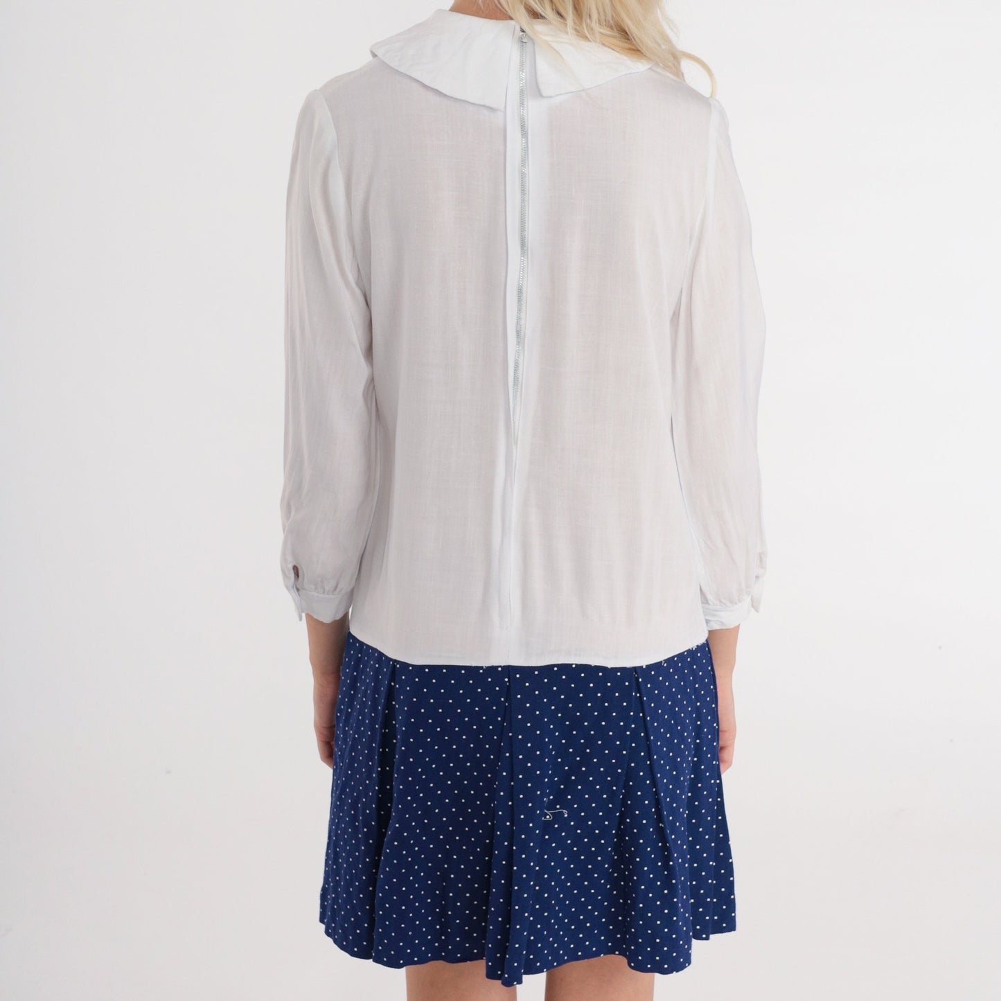 60s Mod Mini Dress Peter Pan Collar Drop Waist White Navy Polka Dot Extra Small