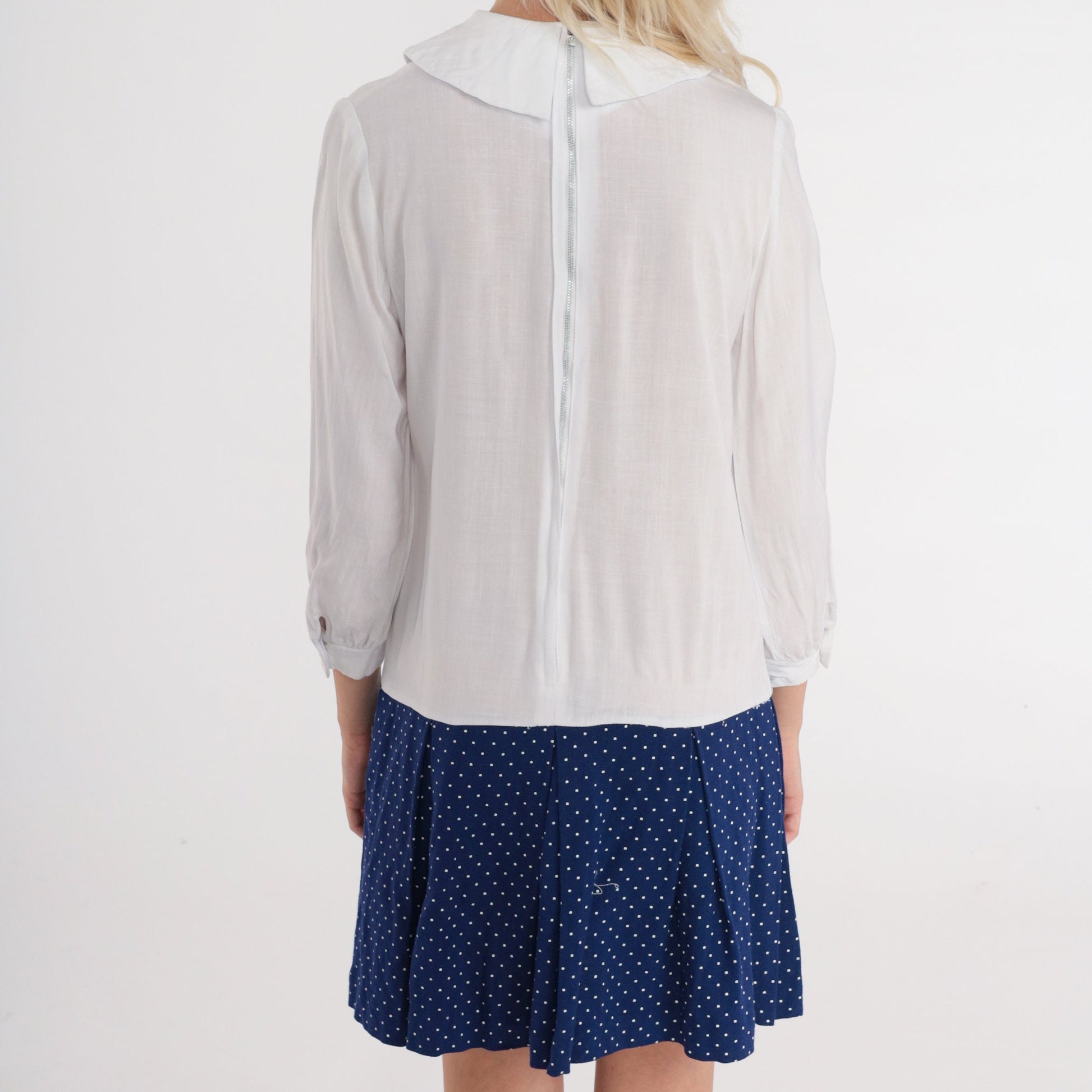 60s Mod Mini Dress Peter Pan Collar Drop Waist White Navy Polka Dot Extra Small