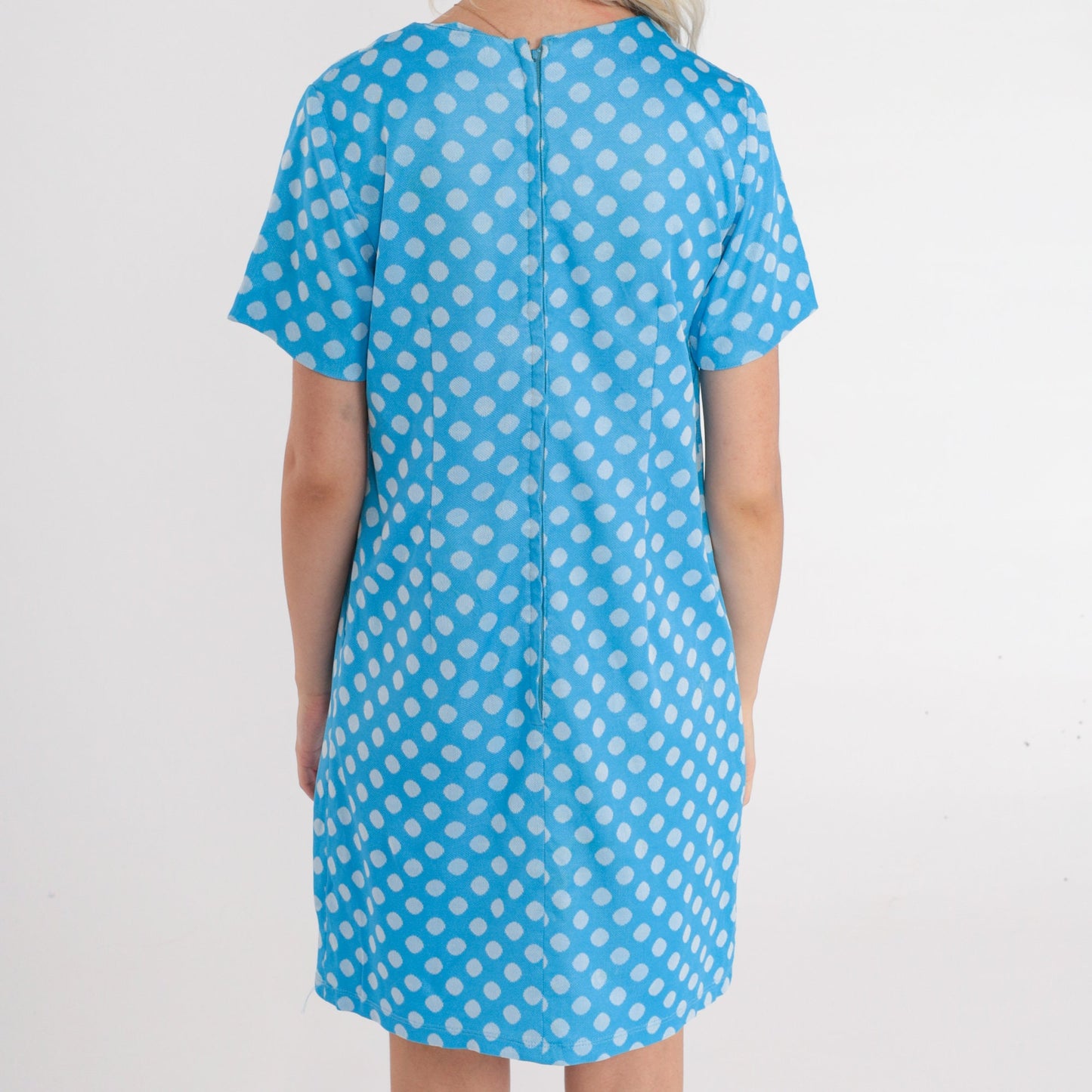 60s Blue Polka Dot Shift Dress Mini Mod Space Age Short Sleeve Small S