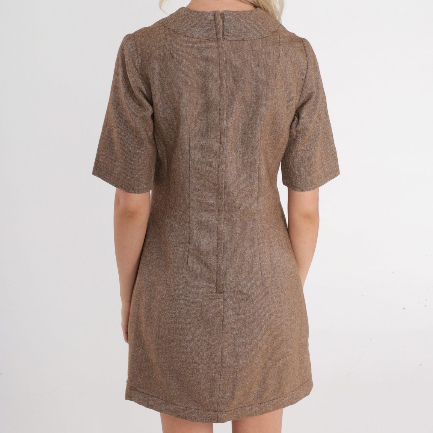 60s Brown Wool Mini Dress Mod Sheath Short Sleeve Extra Small