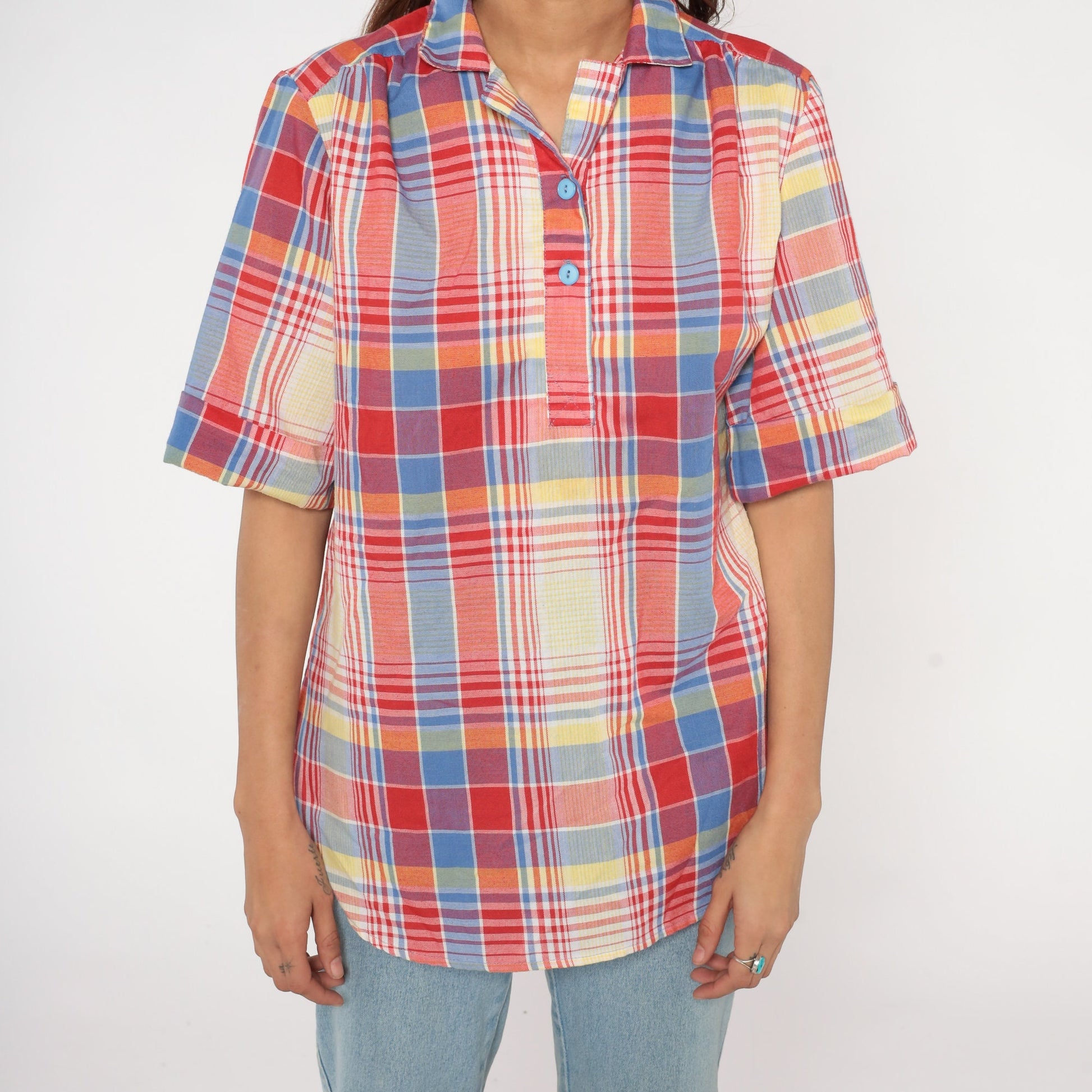80s Plaid Cotton Blouse Short Sleeve Button-Up Shirt Red Blue Yellow Large L