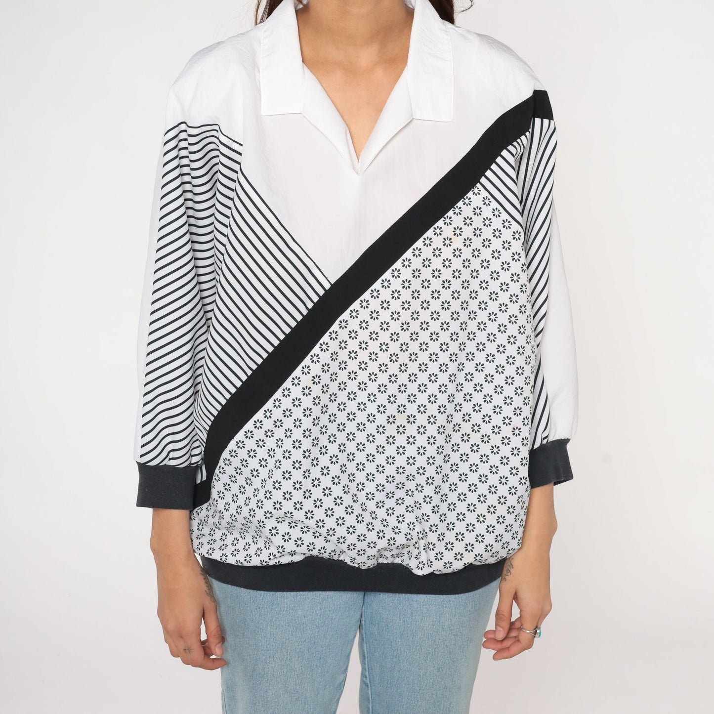 80s Black White Striped Floral Shirt Collared Blouse 3/4 Sleeve Extra Large XL