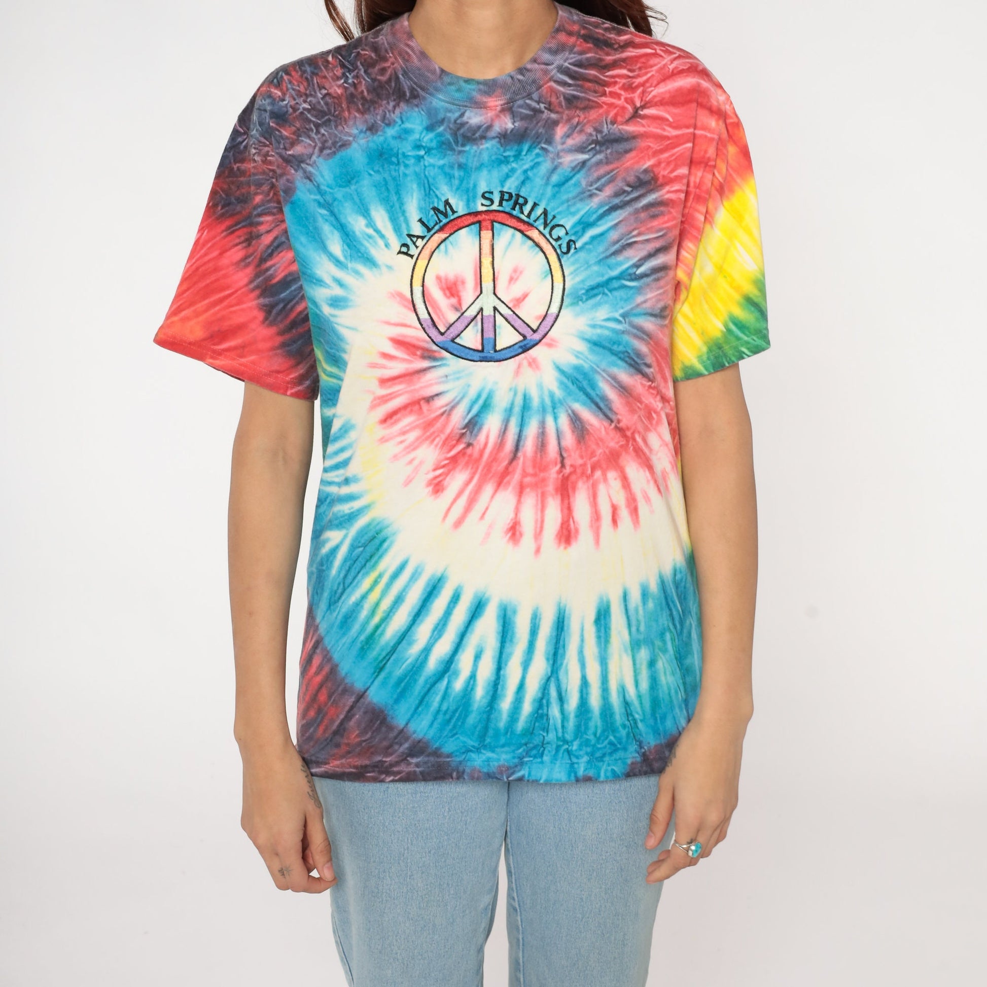 Y2K Palm Springs Tie Dye T-Shirt Peace Sign Graphic Cotton Tee Medium M