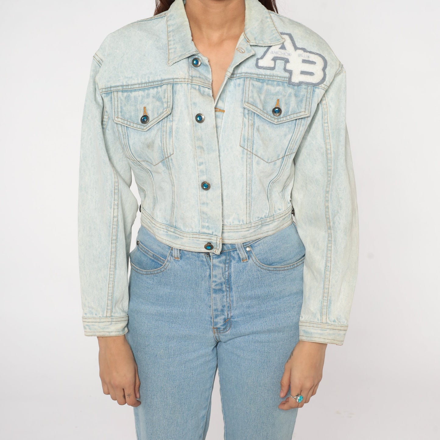 90s Anchor Blue Stone Wash Denim Jacket Cropped Button Up Extra Small