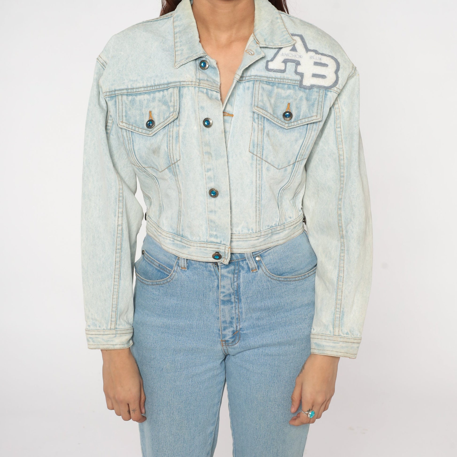 90s Anchor Blue Stone Wash Denim Jacket Cropped Button Up Extra Small