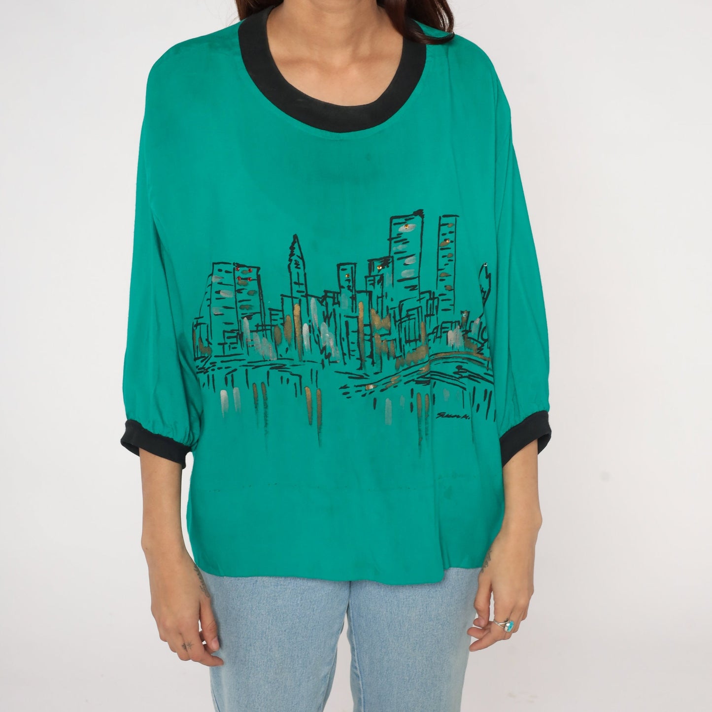80s City Skyline Rhinestone Blouse Green Semi-Sheer Ringer Trim Medium