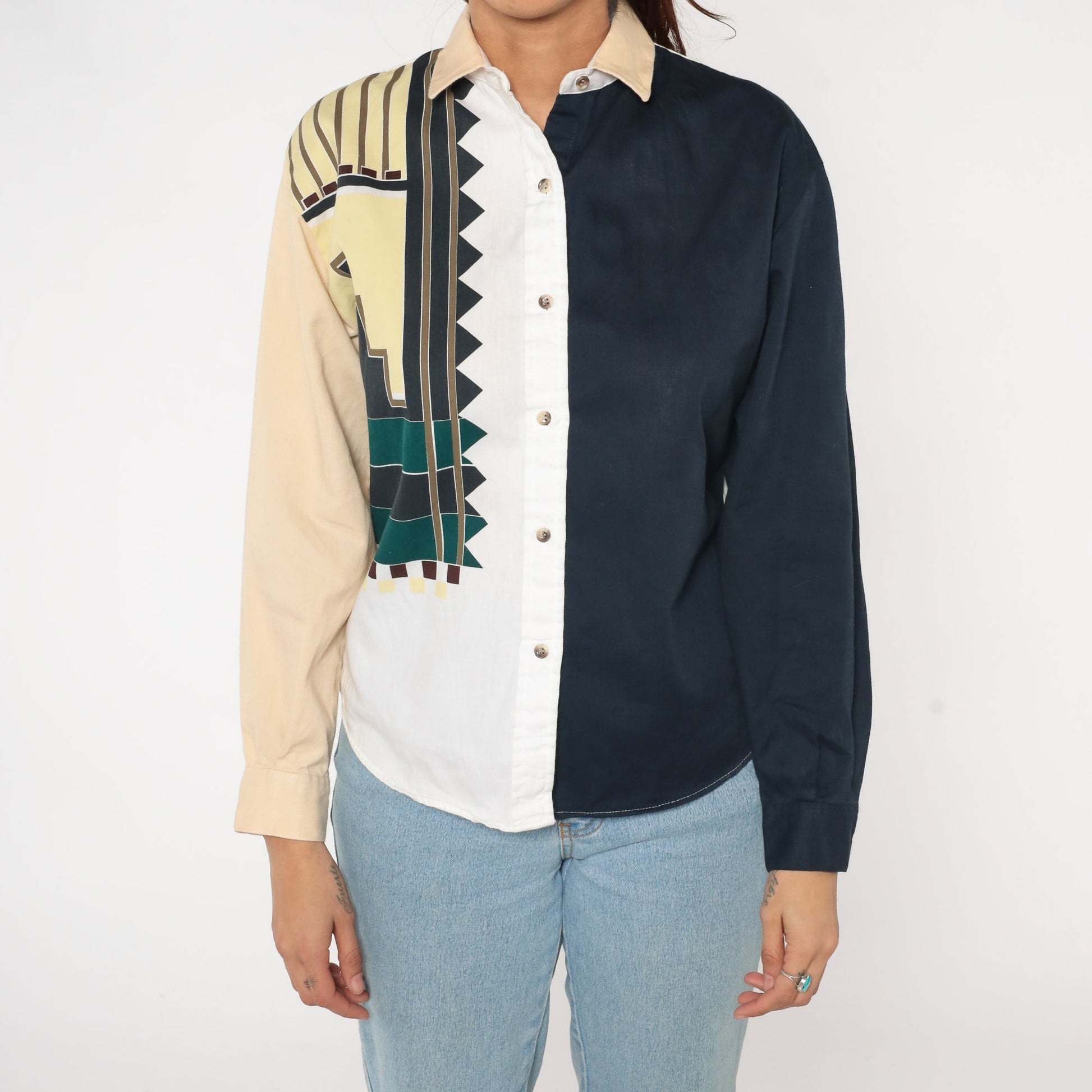 90s Western Blouse Color Block Geometric Print Button Up Medium