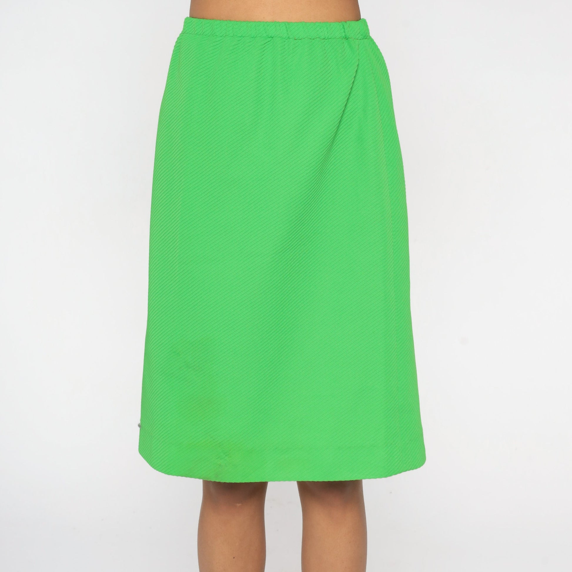 60s Neon Lime Green Mod Two Piece Dress Suit Cowl Neck Top Pencil Skirt Small