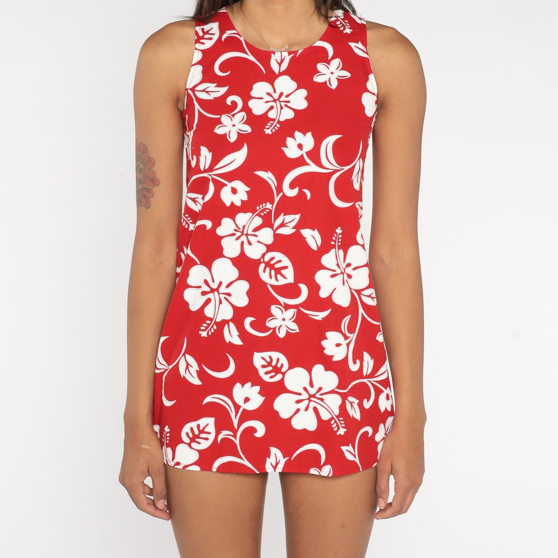 90s RJC Tropical Floral Micro Mini Shift Dress Red White 2XS