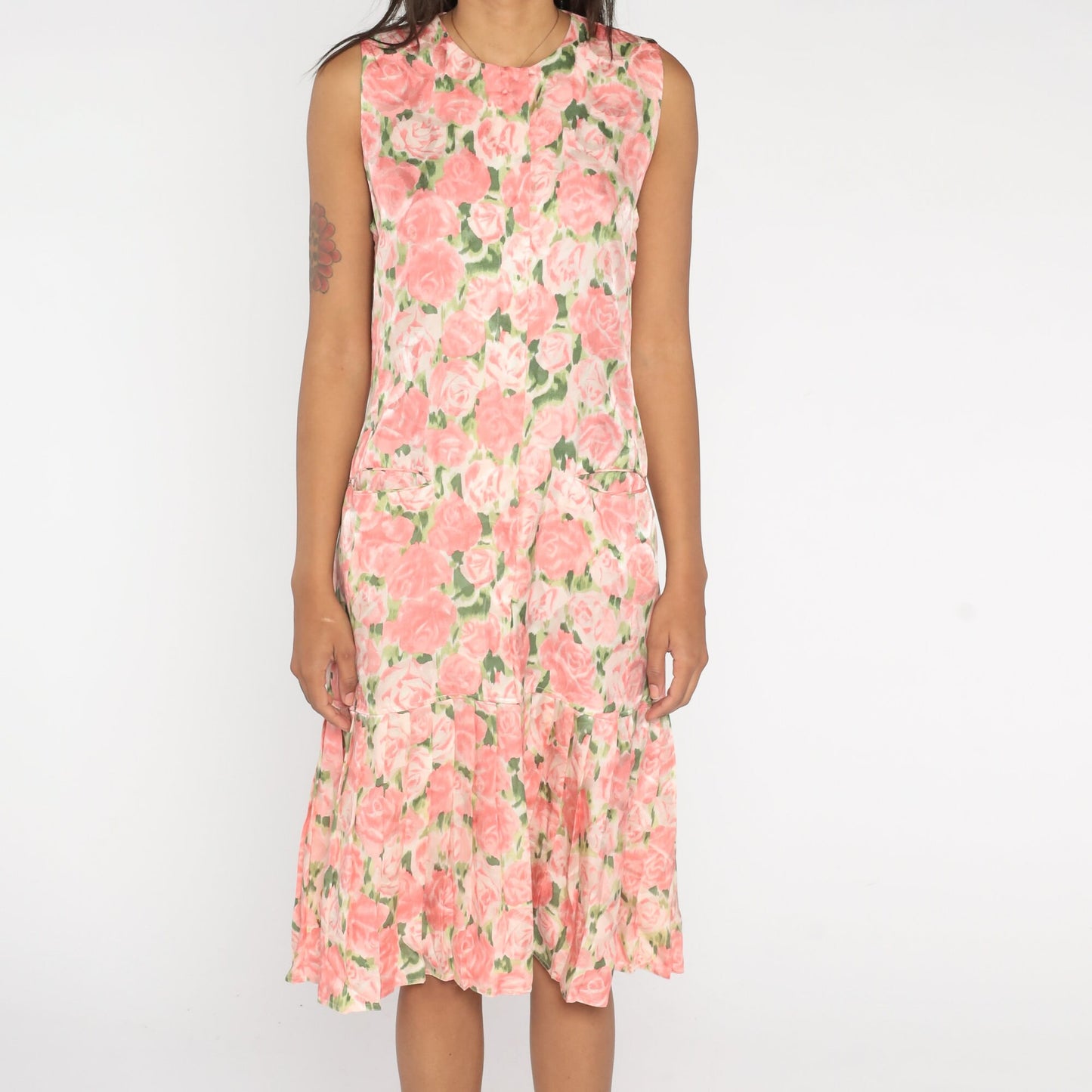 Y2K Maggie London Silk Floral Midi Dress Pink Green Sleeveless Small 6