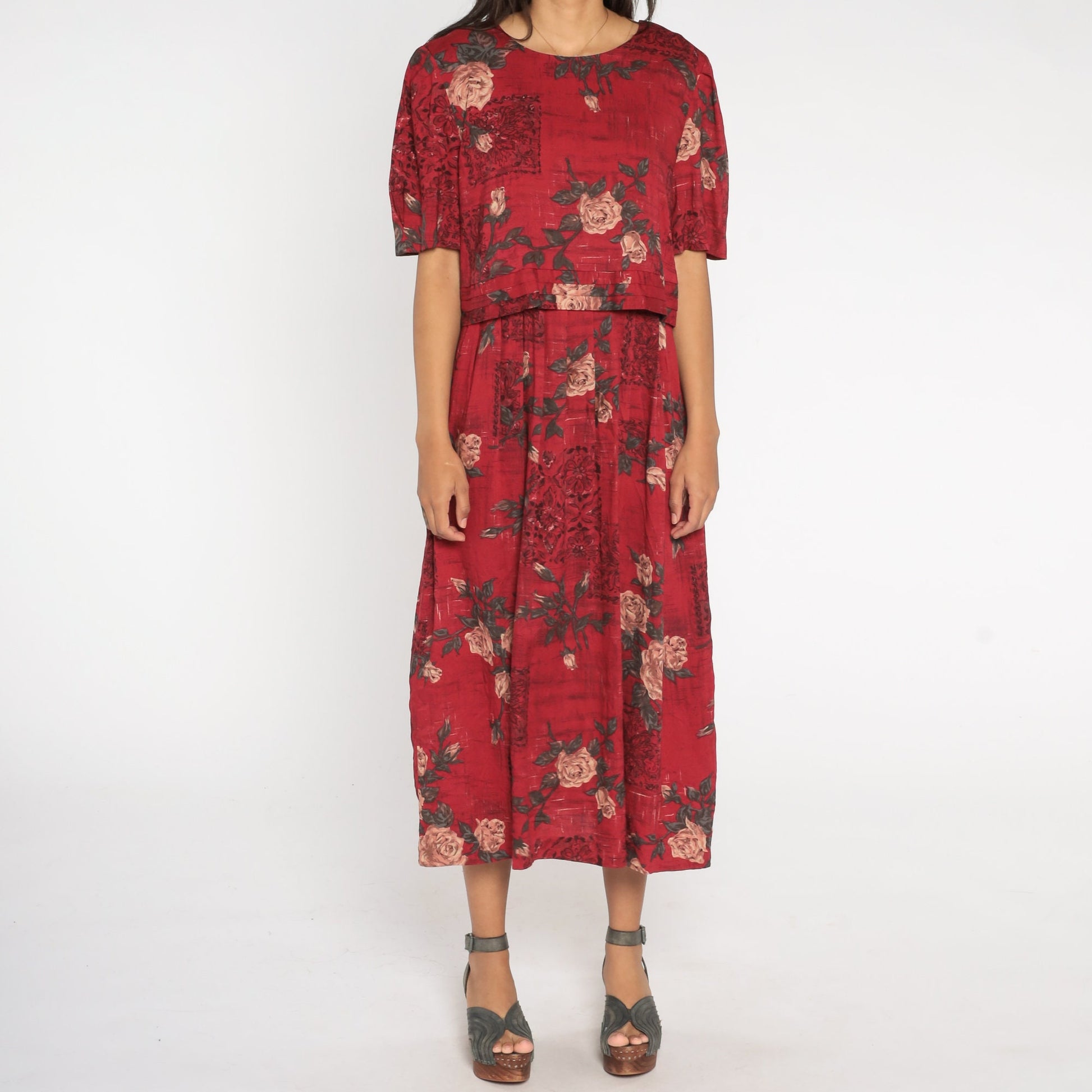 90s Dark Red Floral Rayon Maxi Dress Short Sleeve Rose Print Large