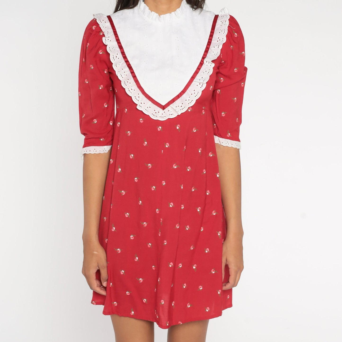 90s Red Floral Mini Dress Eyelet Lace Bib Empire Waist Puff Sleeve Extra Small