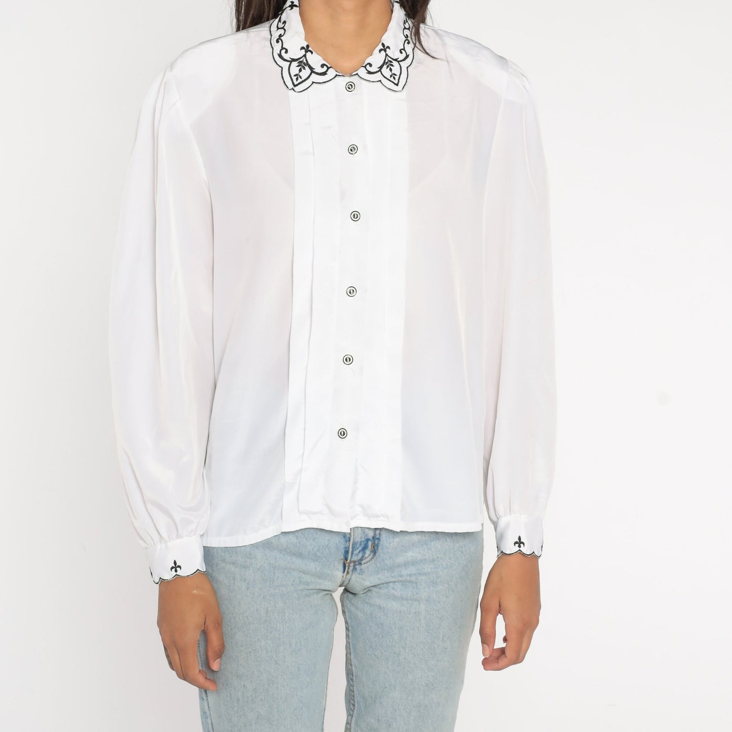 80s White Puff Sleeve Blouse Embroidered Collar Button-Up Shirt Large