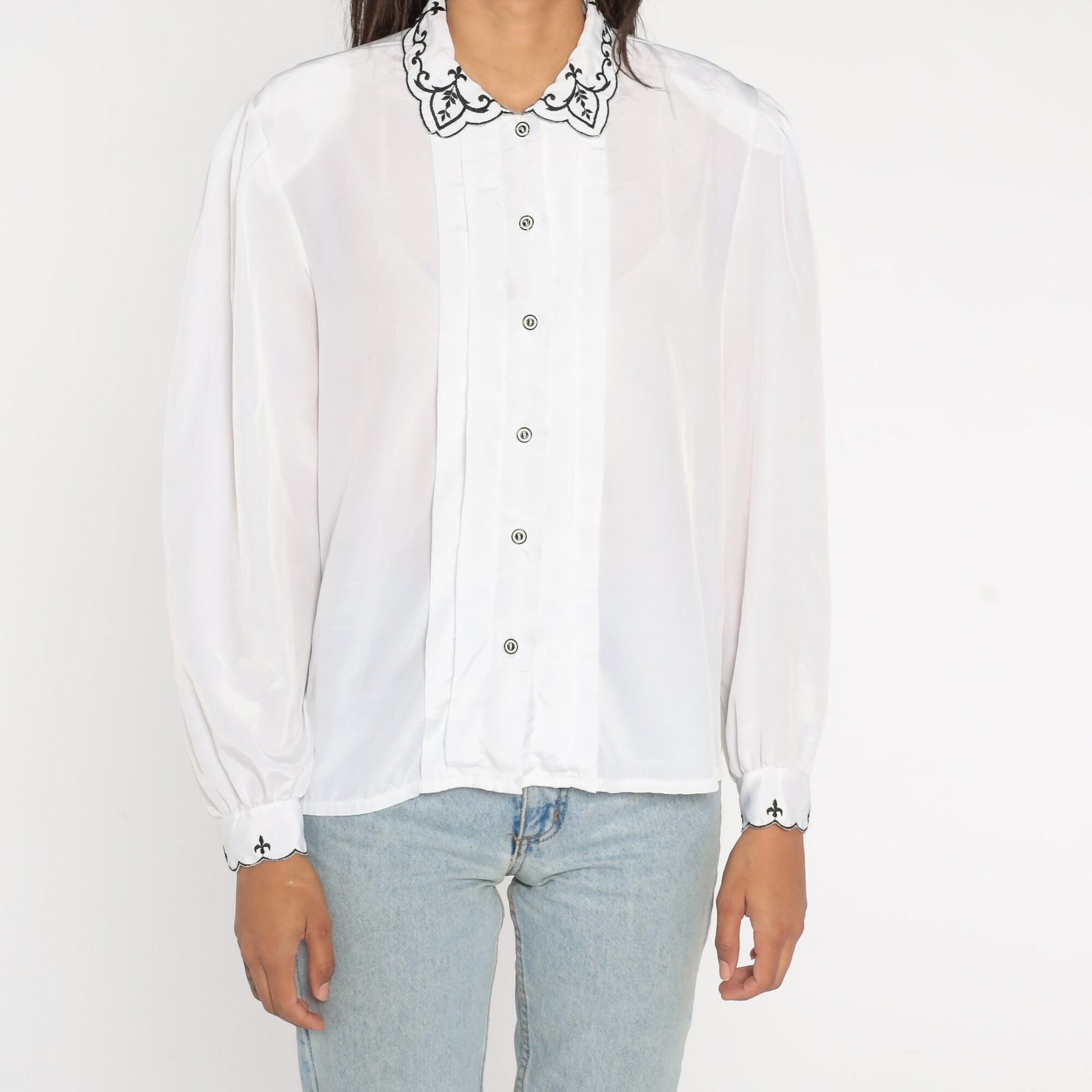 80s White Puff Sleeve Blouse Embroidered Collar Button-Up Shirt Large